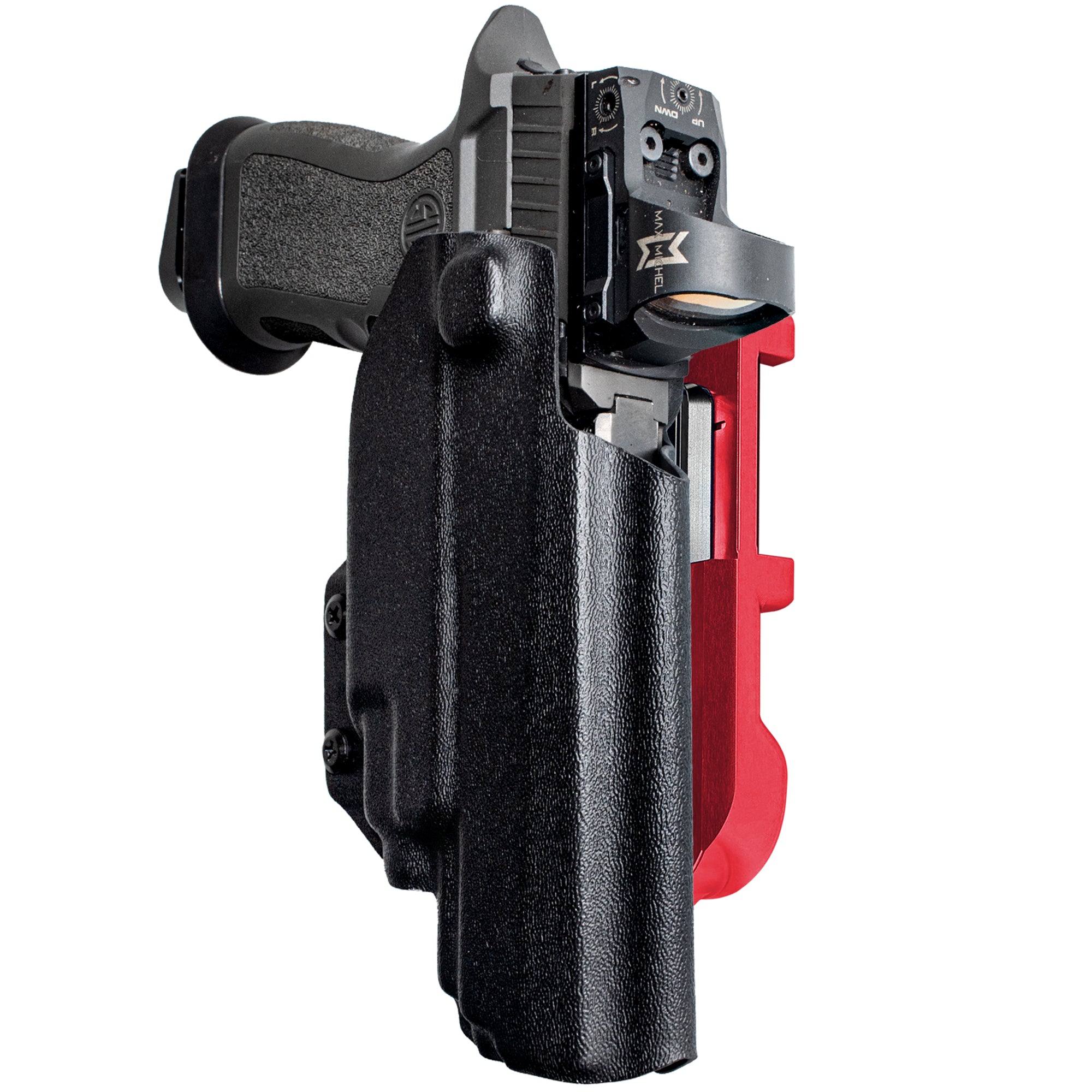 Sig P320 FS w TLR-7A/TLR-8A IDPA Quick Mount Holster with Red Belt Attachment, Black Holster Shell