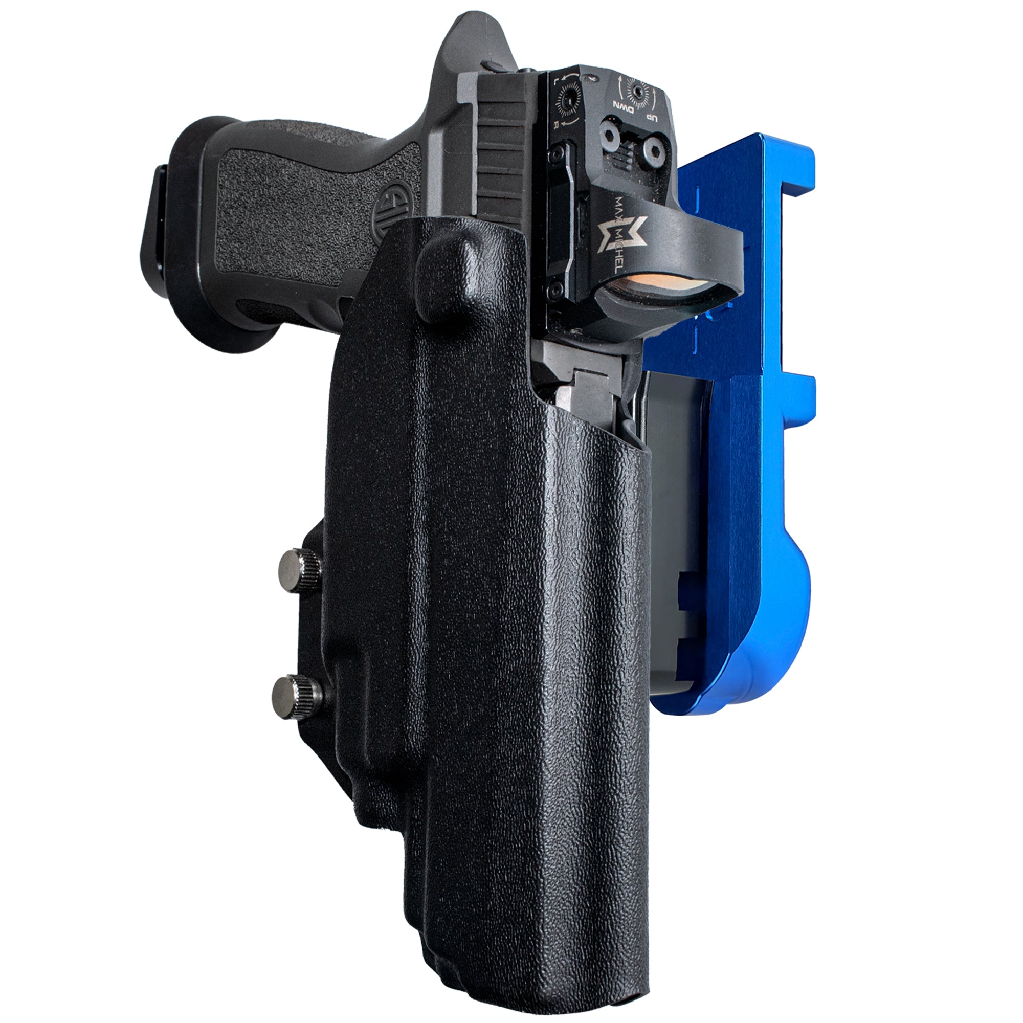 Sig P320 FS w TLR-7A/TLR-8A IPSC/USPA Quick Mount Holster with Blue Belt Attachment, Black Holster Shell
