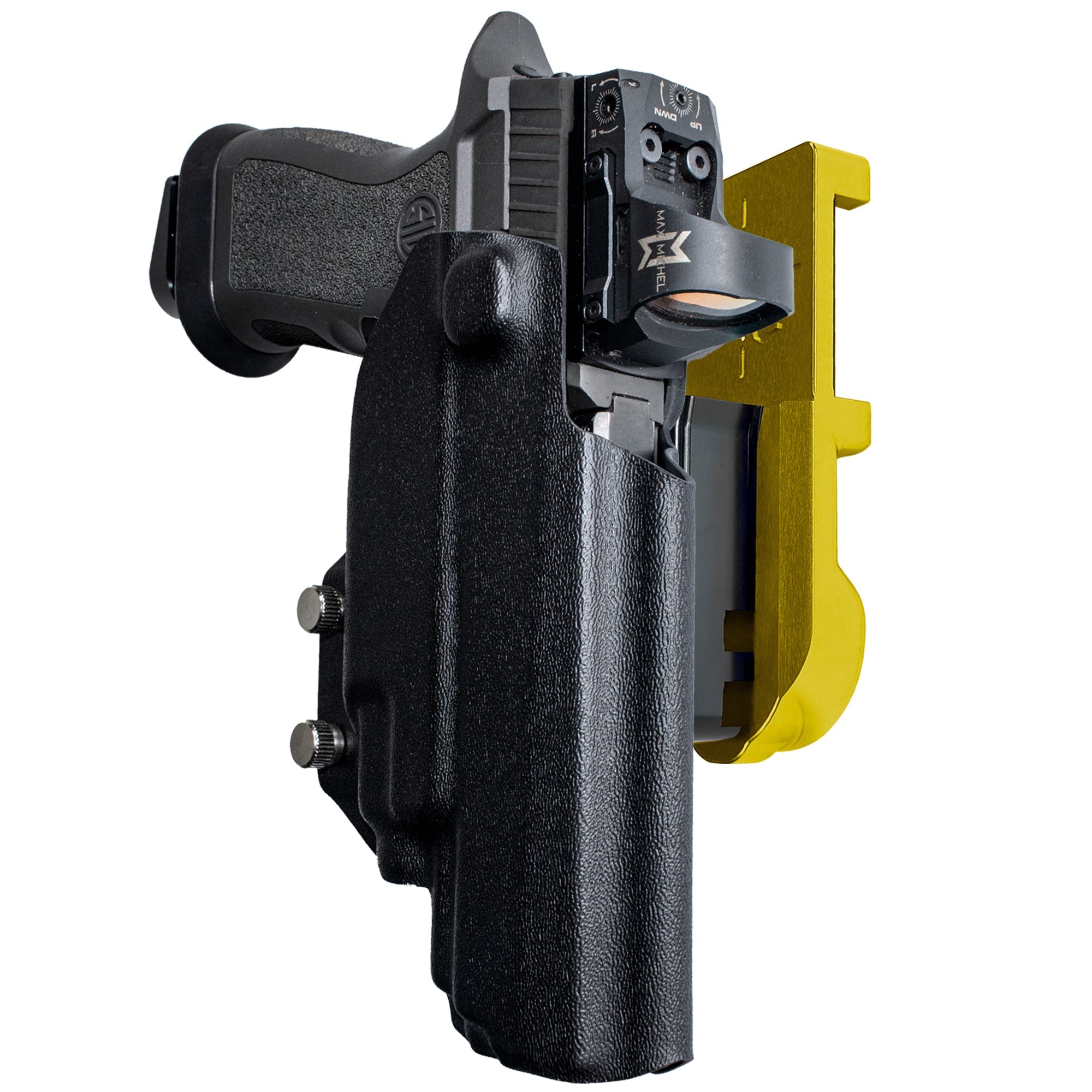 Sig P320 FS w TLR-7A/TLR-8A IPSC/USPA Quick Mount Holster with 24K Gold Belt Attachment, Black Holster Shell