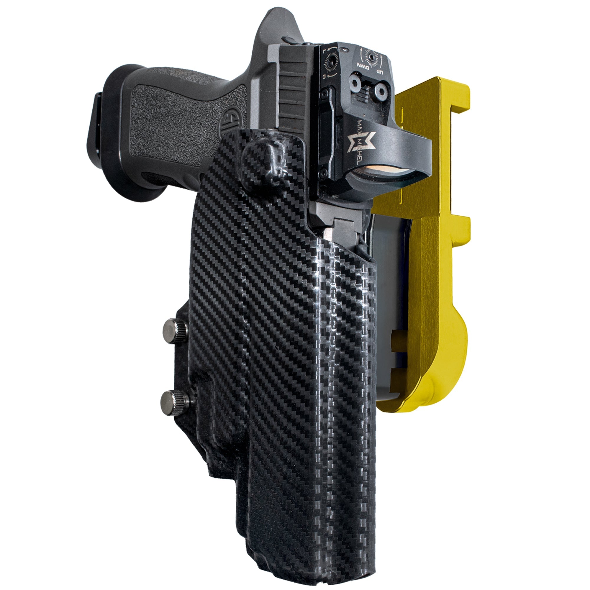 Sig P320 FS w TLR-7A/TLR-8A IPSC/USPA Quick Mount Holster with 24K Gold Belt Attachment, Carbon Fiber Holster Shell