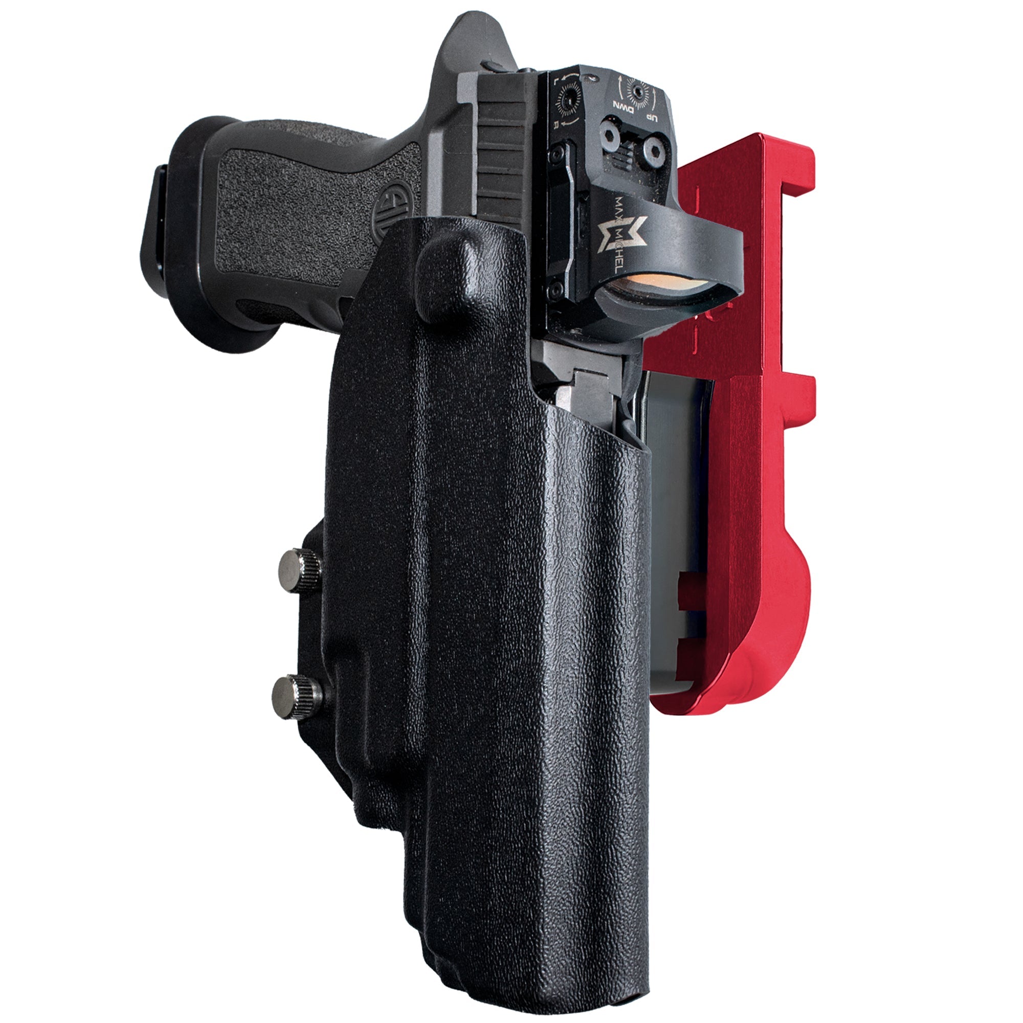 Sig P320 FS w TLR-7A/TLR-8A IPSC/USPA Quick Mount Holster with Red Belt Attachment, Black Holster Shell
