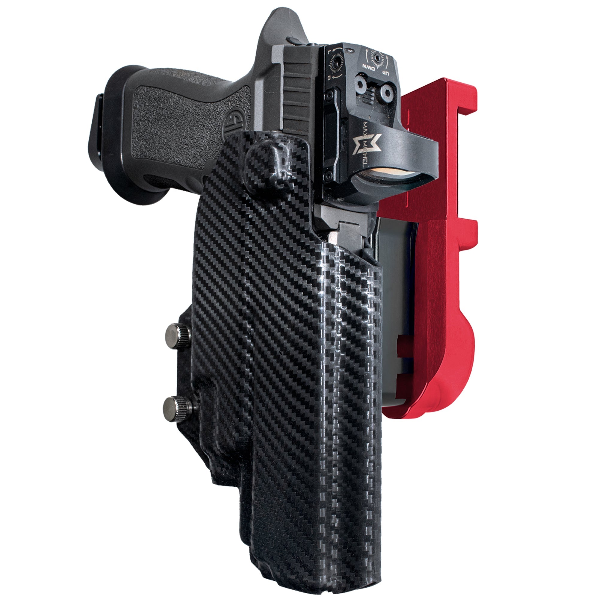 Sig P320 FS w TLR-7A/TLR-8A IPSC/USPA Quick Mount Holster with Red Belt Attachment, Carbon Fiber Holster Shell