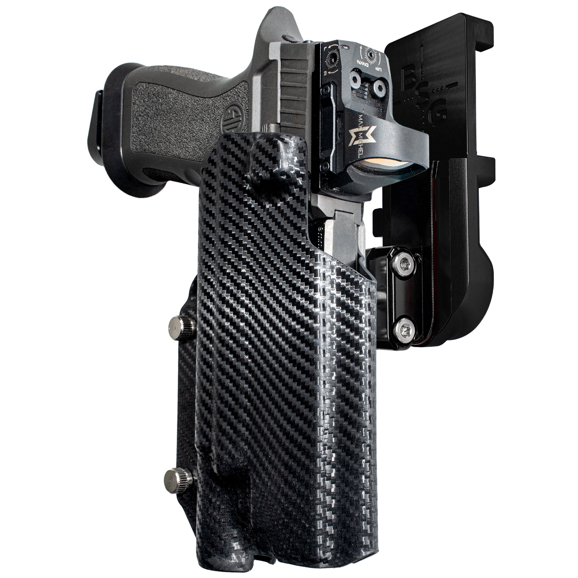 Sig P320 FS w X300U-A IPSC/USPA Quick Mount Ball Joint Holster with Black Belt Attachment, Carbon Fiber Holster Shell