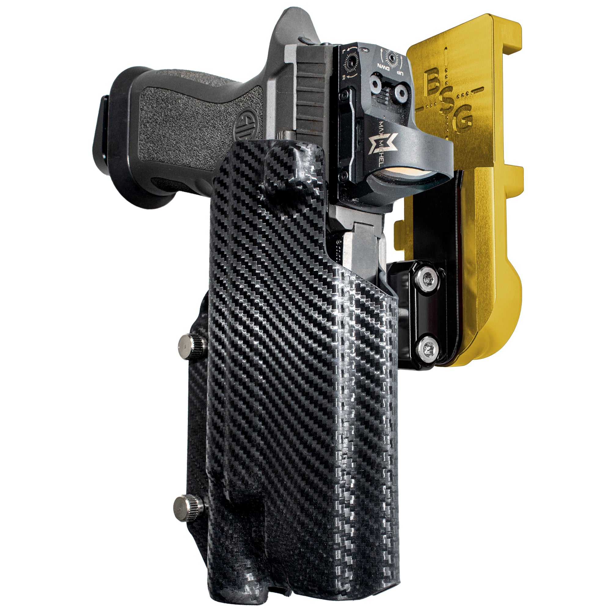 Sig P320 FS w X300U-A IPSC/USPA Quick Mount Ball Joint Holster with 24K Gold Belt Attachment, Carbon Fiber Holster Shell