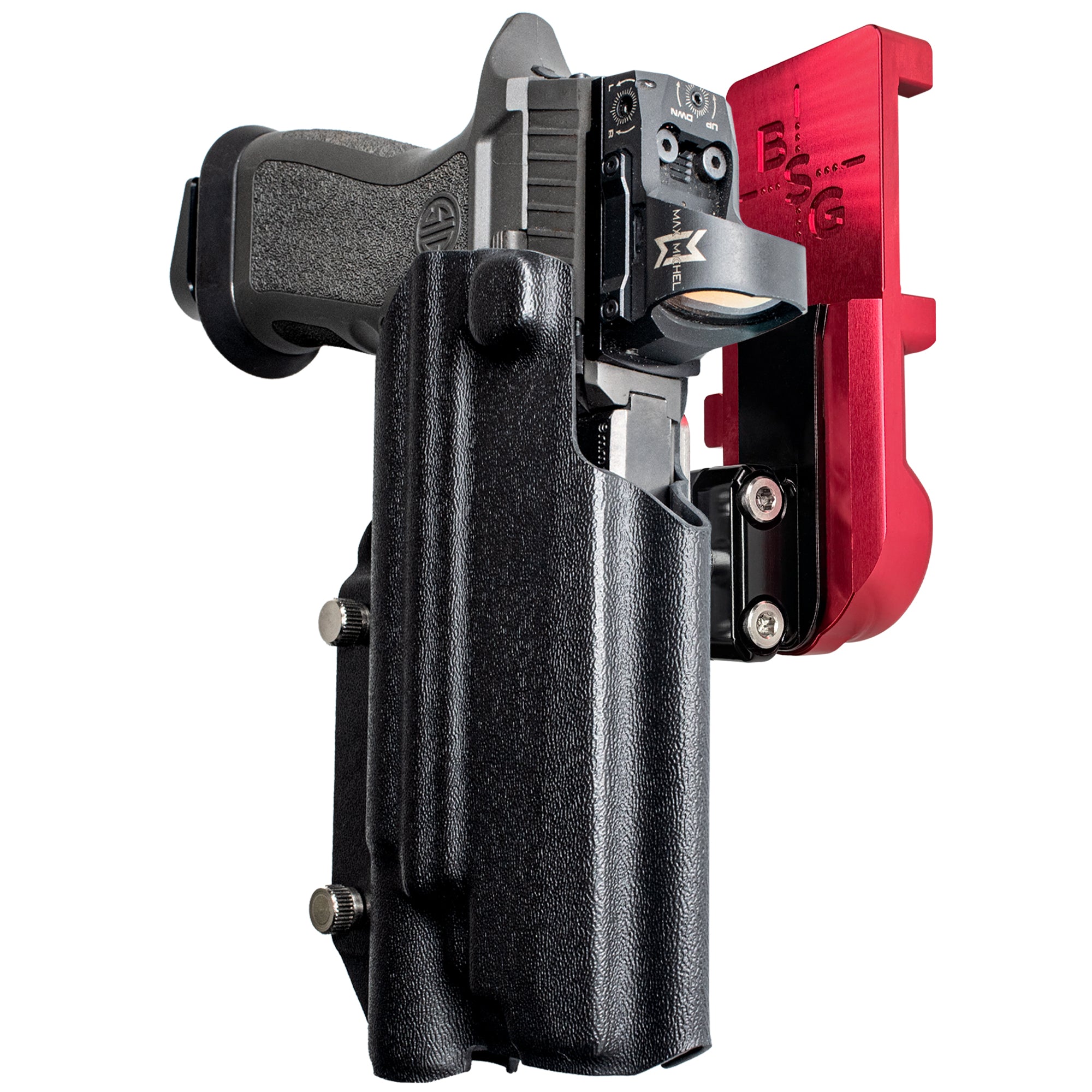 Sig P320 FS w X300U-A IPSC/USPA Quick Mount Ball Joint Holster with Red Belt Attachment, Black Holster Shell