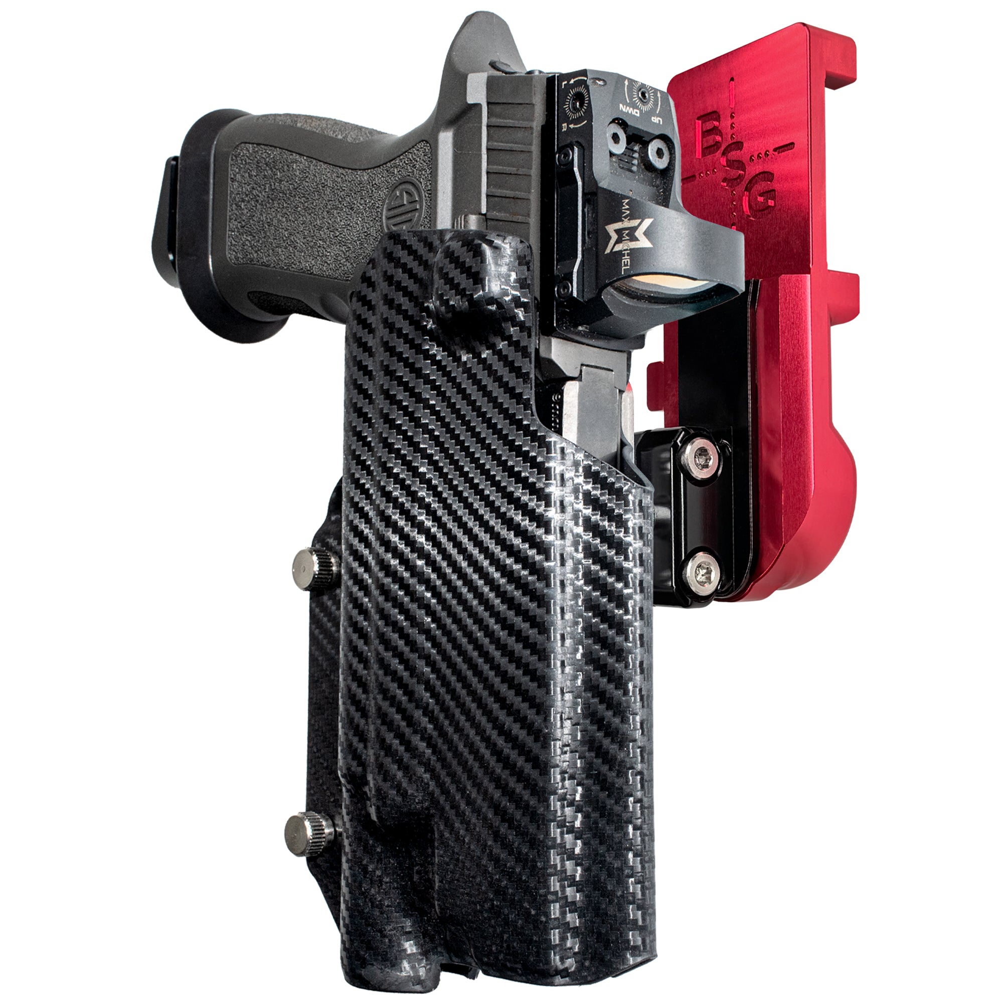 Sig P320 FS w X300U-A IPSC/USPA Quick Mount Ball Joint Holster with Red Belt Attachment, Carbon Fiber Holster Shell