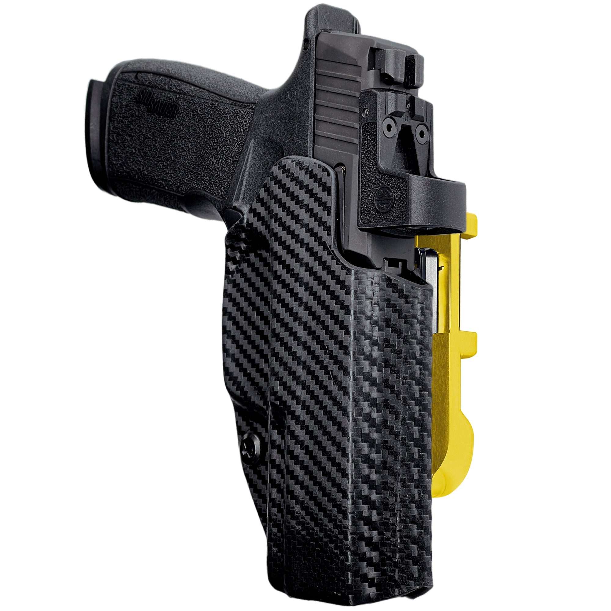 Sig P365 XMACRO IDPA Quick Mount Holster with 24K Gold Belt Attachment, Carbon Fiber Holster Shell