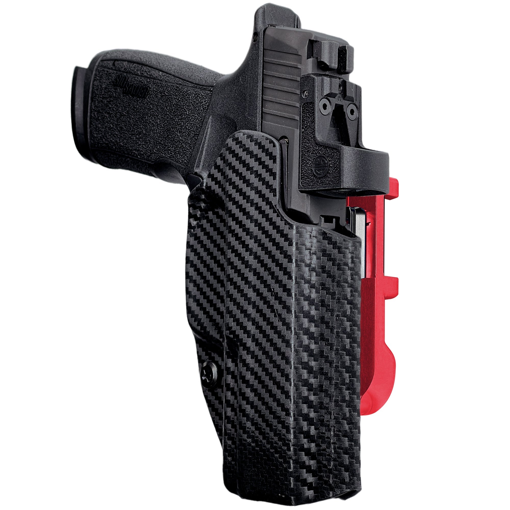 Sig P365 XMACRO IDPA Quick Mount Holster with Red Belt Attachment, Carbon Fiber Holster Shell