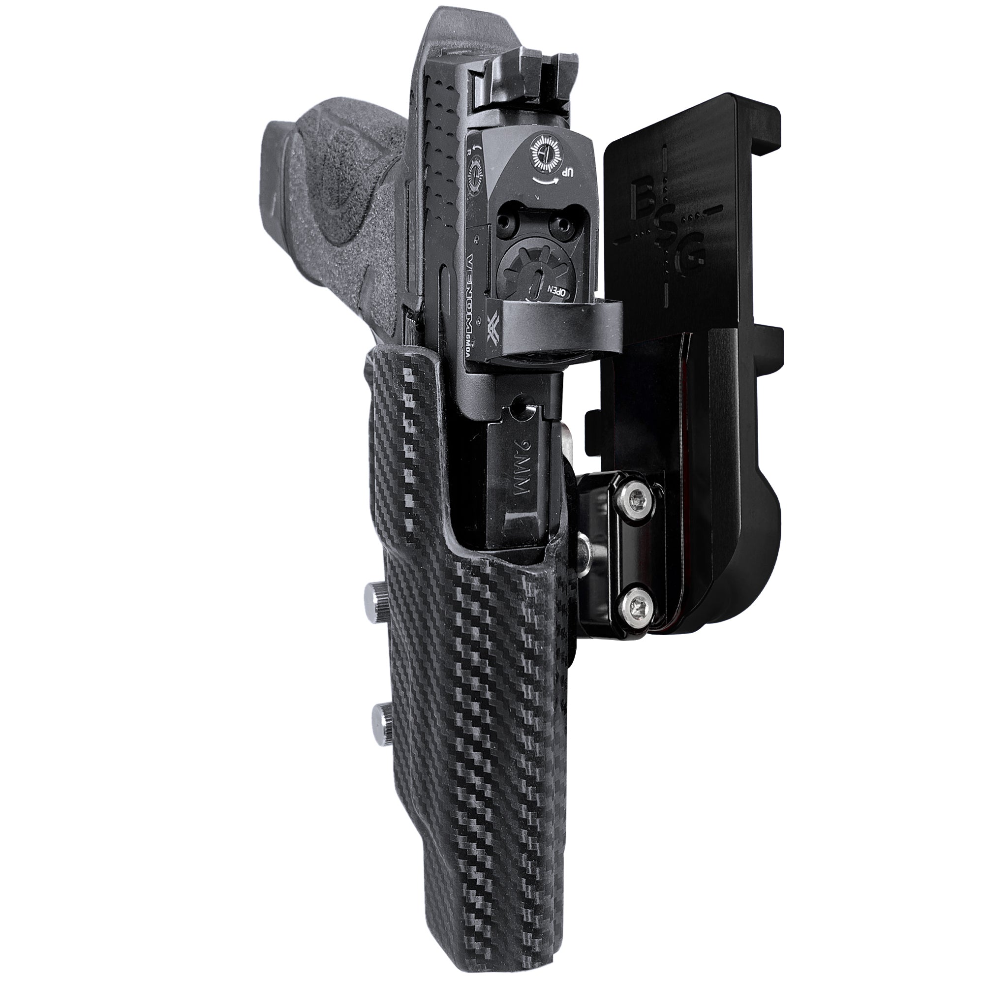 S&W M&P 5'' Align Tactical IPSC/USPA Quick Mount Ball Joint Holster with Black Belt Attachment, Carbon Fiber Holster Shell