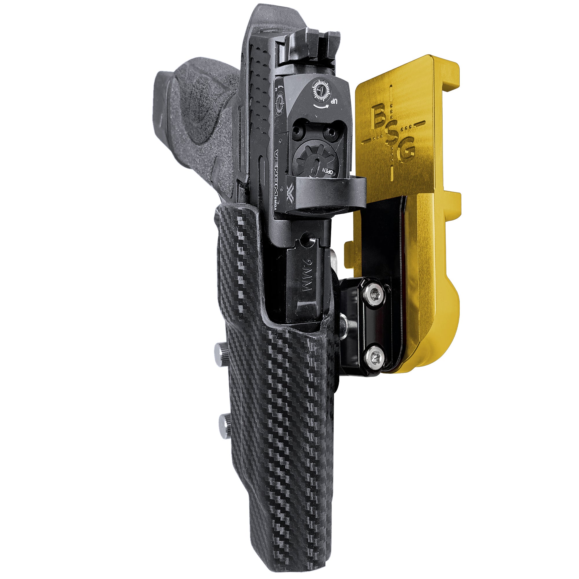 S&W M&P 5'' Align Tactical IPSC/USPA Quick Mount Ball Joint Holster with 24K Gold Belt Attachment, Carbon Fiber Holster Shell