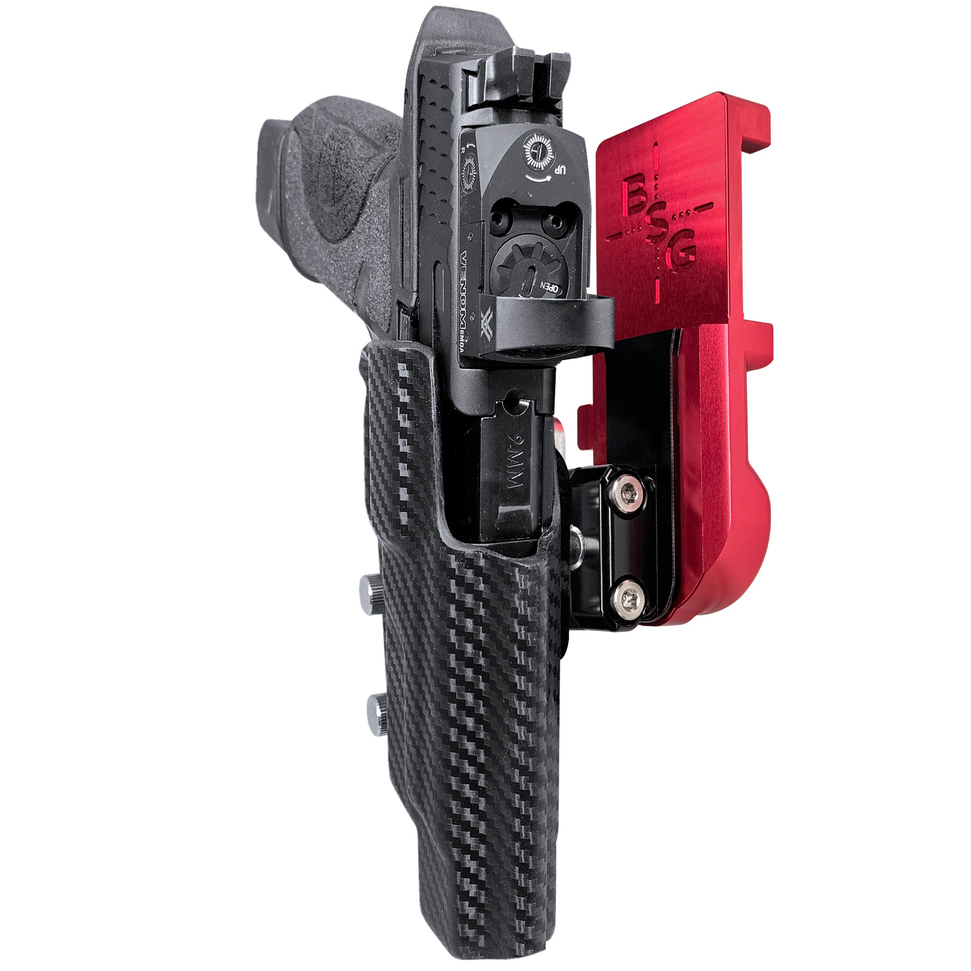 S&W M&P 5'' Align Tactical IPSC/USPA Quick Mount Ball Joint Holster with Red Belt Attachment, Carbon Fiber Holster Shell