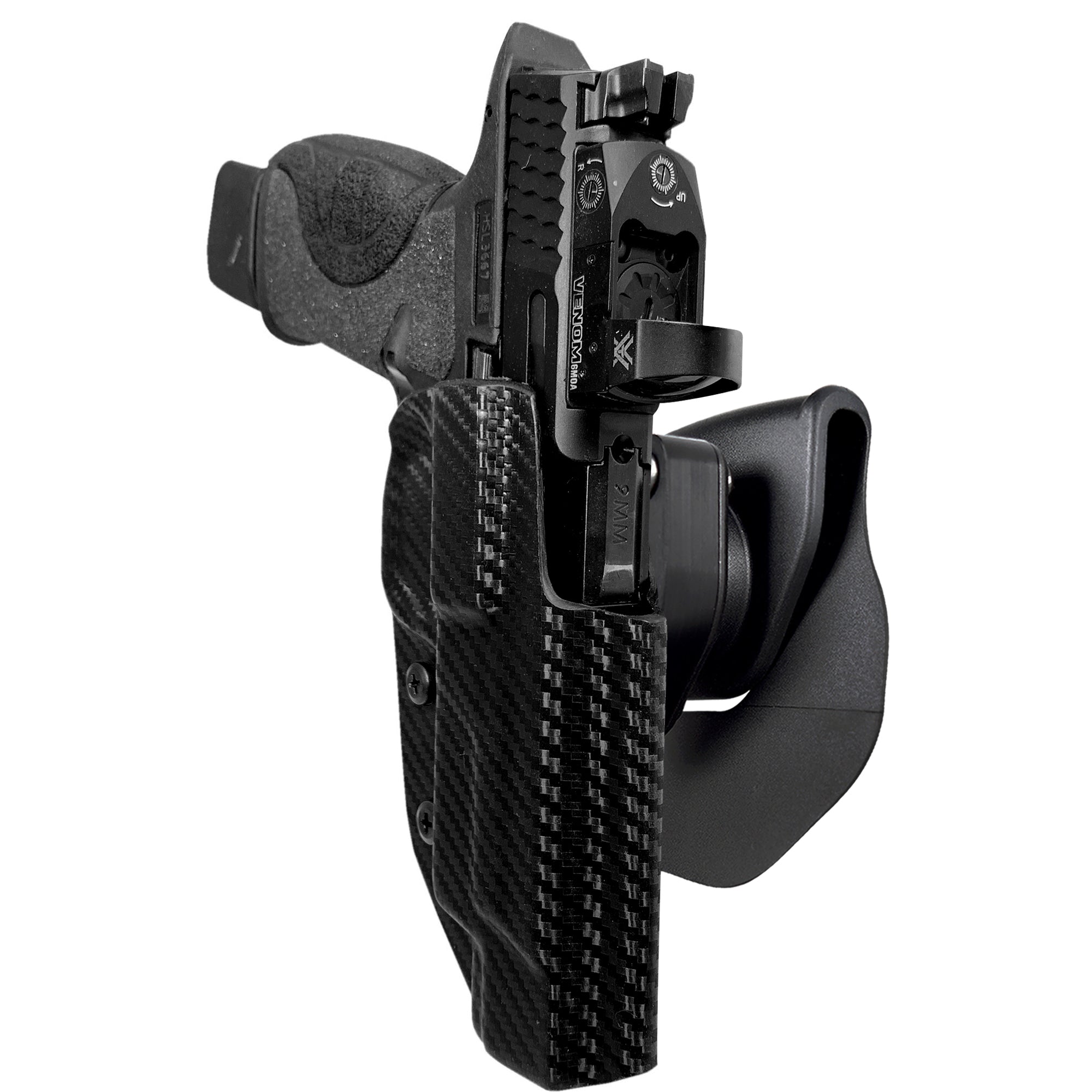 Smith & Wesson M&P9/40 5'' w/ Align Tactical Thumb Rest OWB Quick Release Paddle Holster in Carbon Fiber