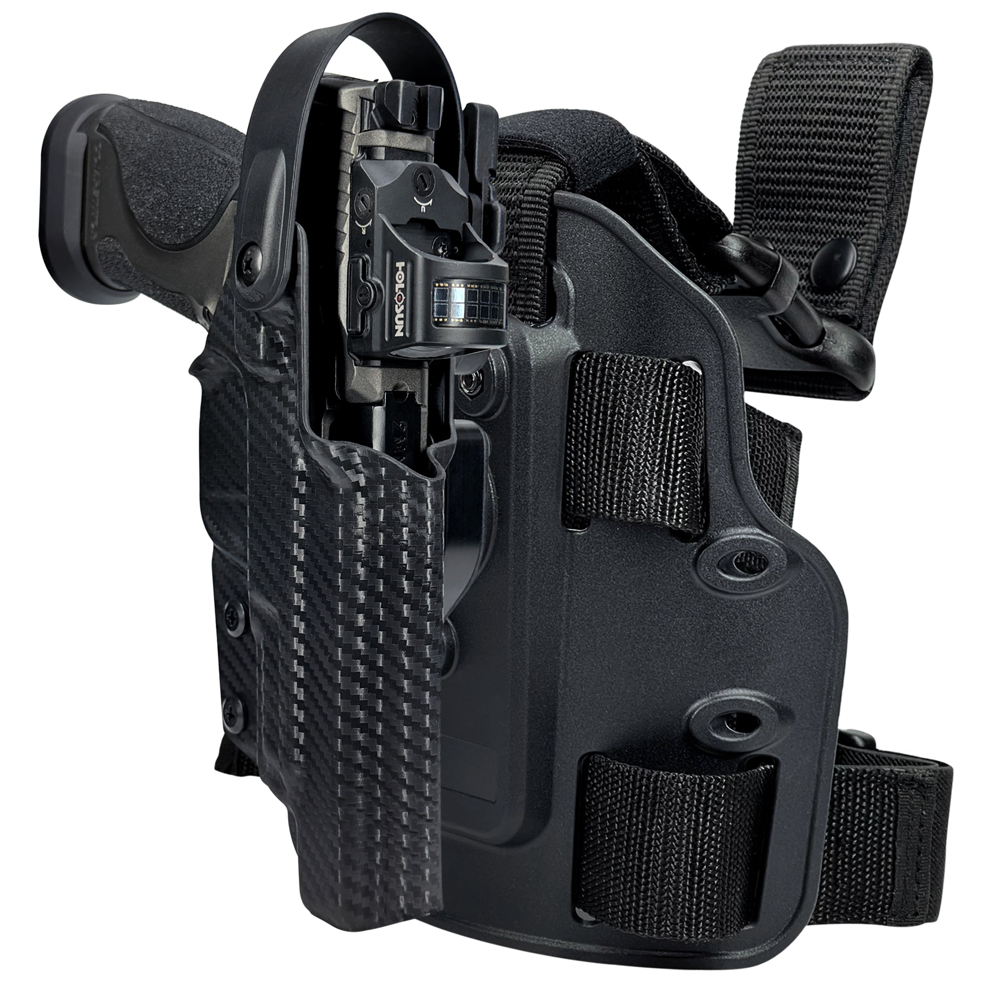 Level II Duty Drop Leg Holster for S&W MP9 Competitor in Carbon Fiber