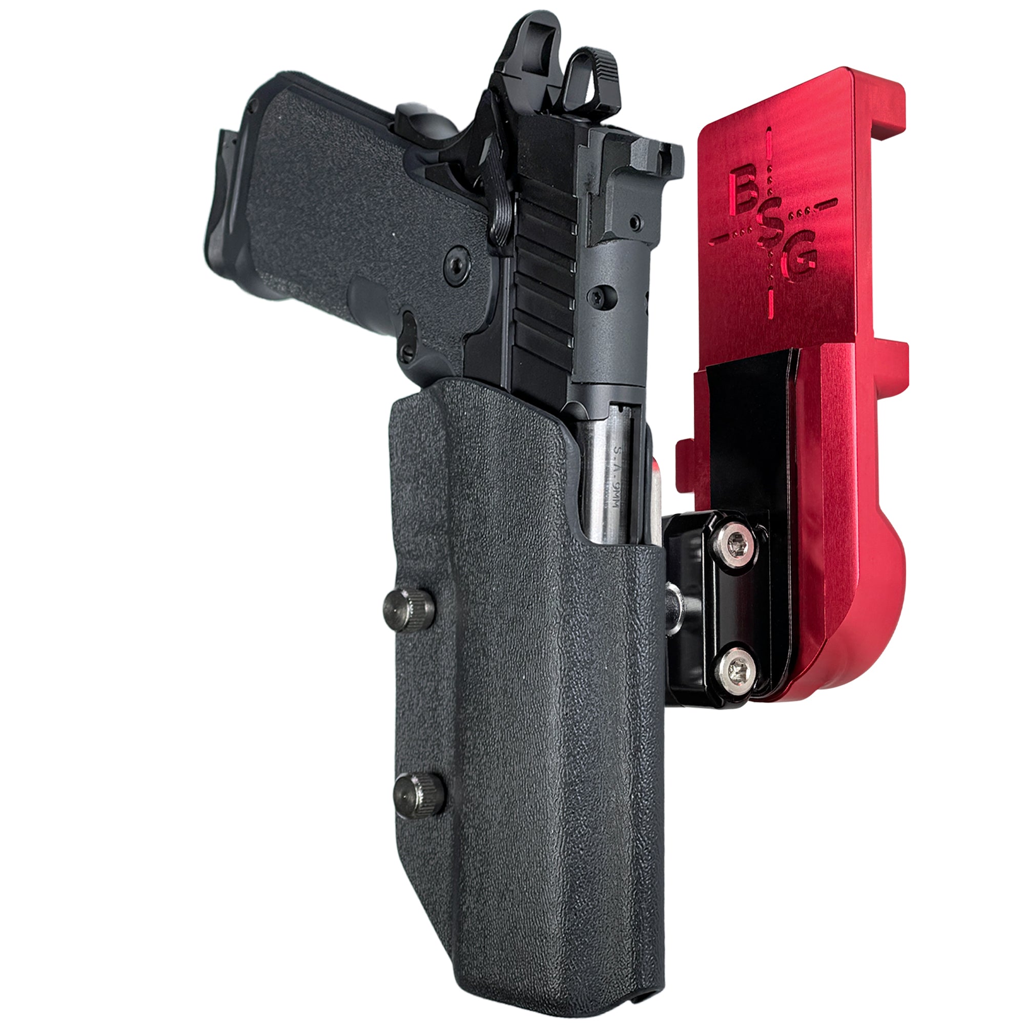 Springfield Prodigy 5'' IPSC/USPA Quick Mount Ball Joint Holster with Red Belt Attachment, Black Holster Shell