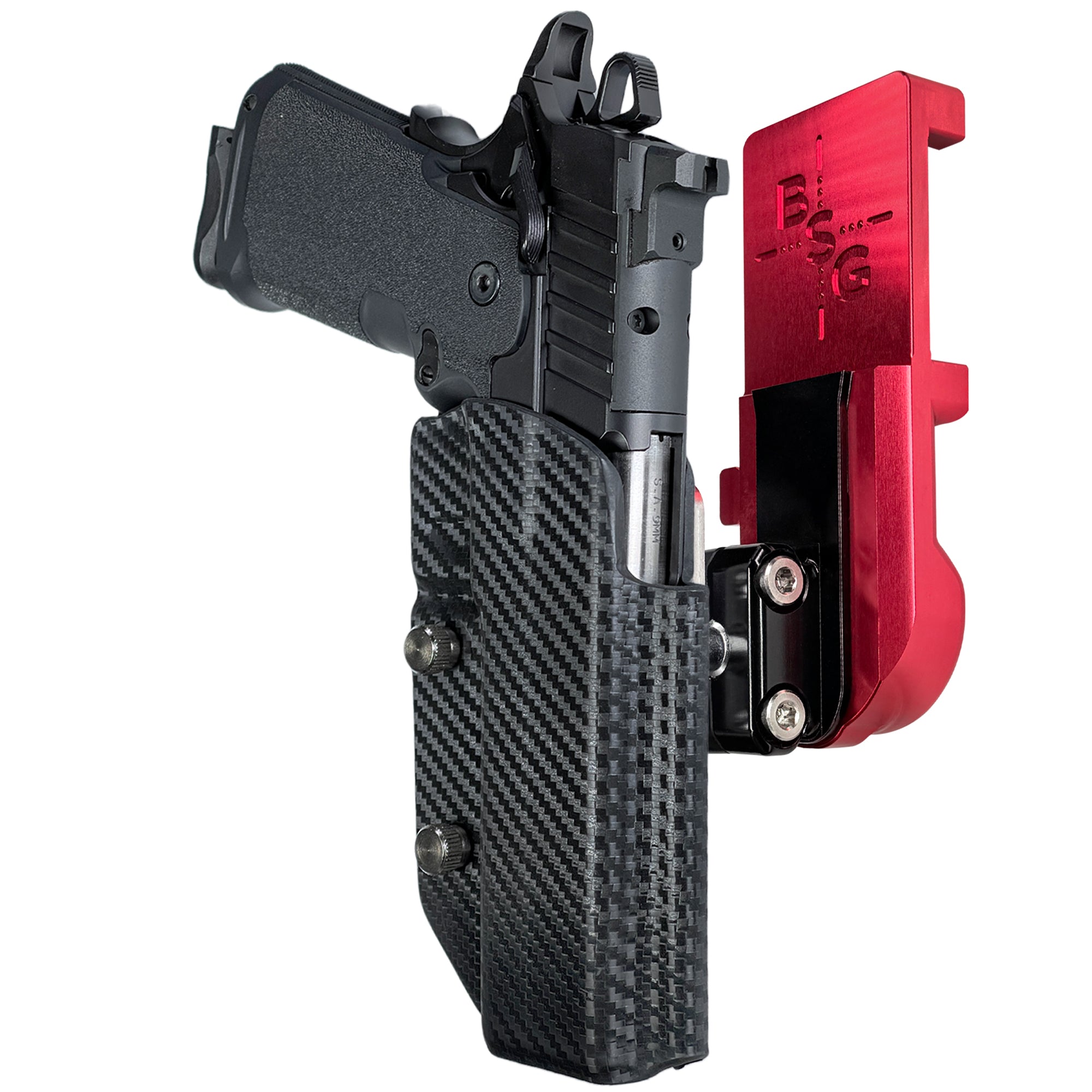Springfield Prodigy 5'' IPSC/USPA Quick Mount Ball Joint Holster with Red Belt Attachment, Carbon Fiber Holster Shell
