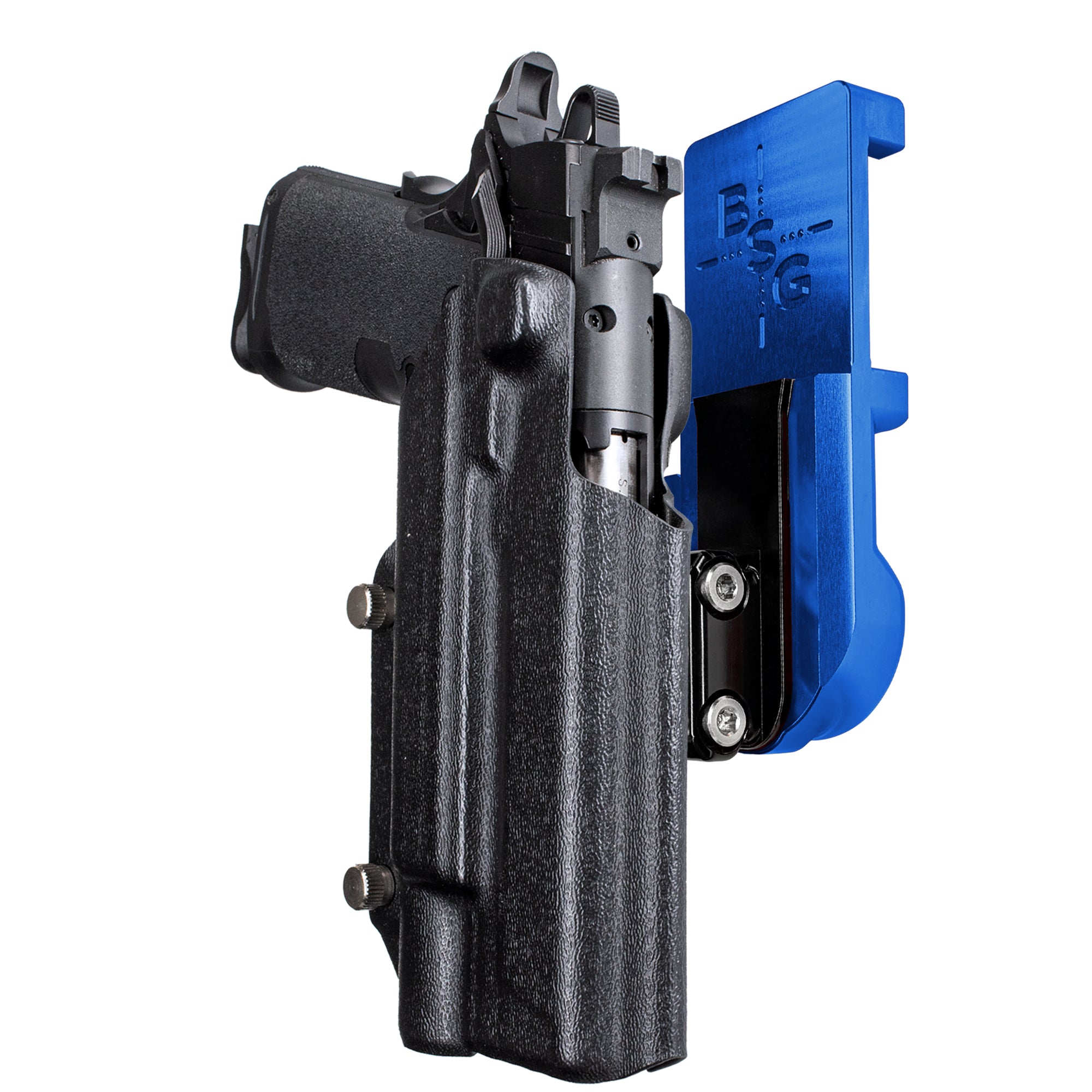 Springfield Prodigy 5 X300UA IPSC/USPA Quick Mount Ball Joint Holster with Blue Belt Attachment, Black Holster Shell