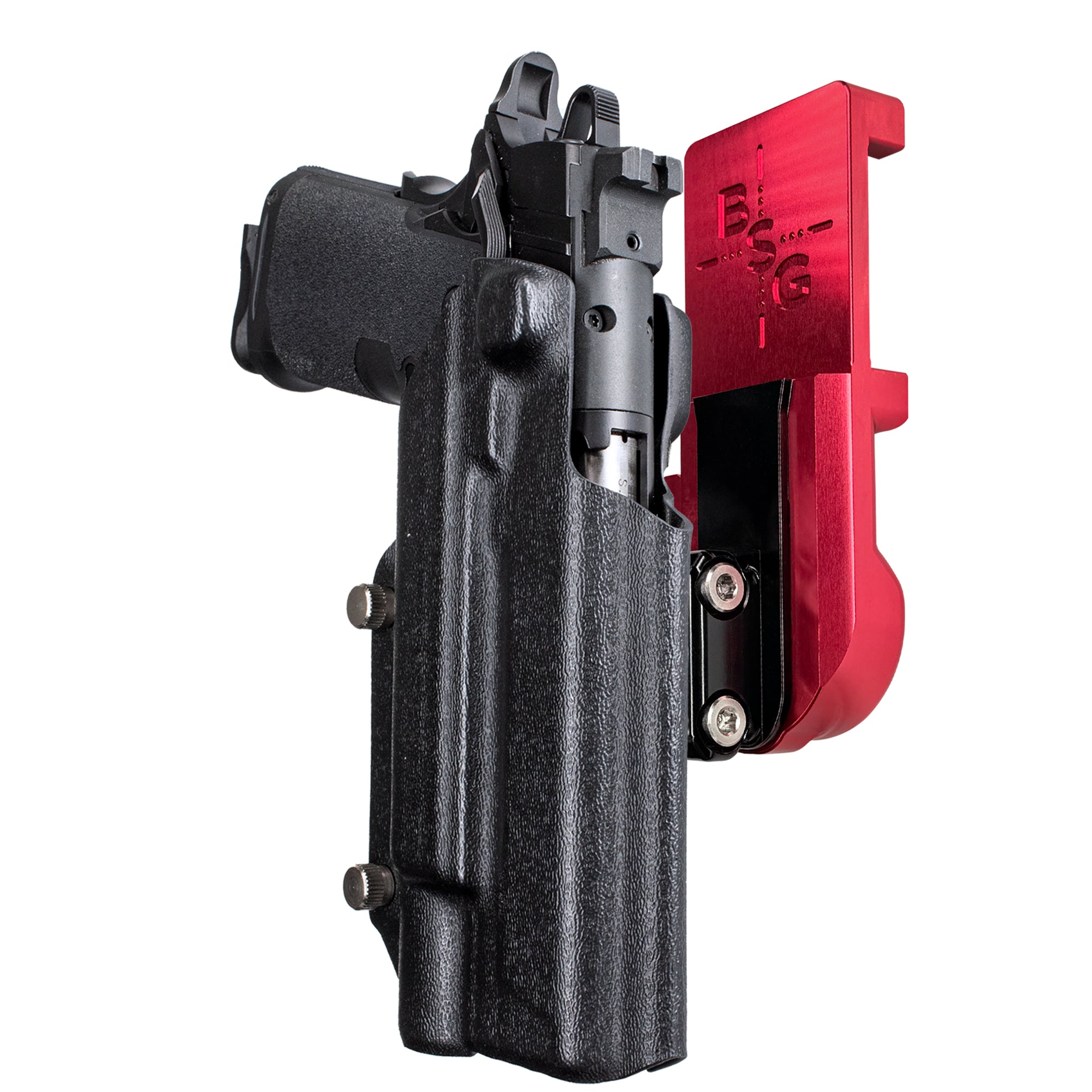Springfield Prodigy 5 X300UA IPSC/USPA Quick Mount Ball Joint Holster with Red Belt Attachment, Black Holster Shell