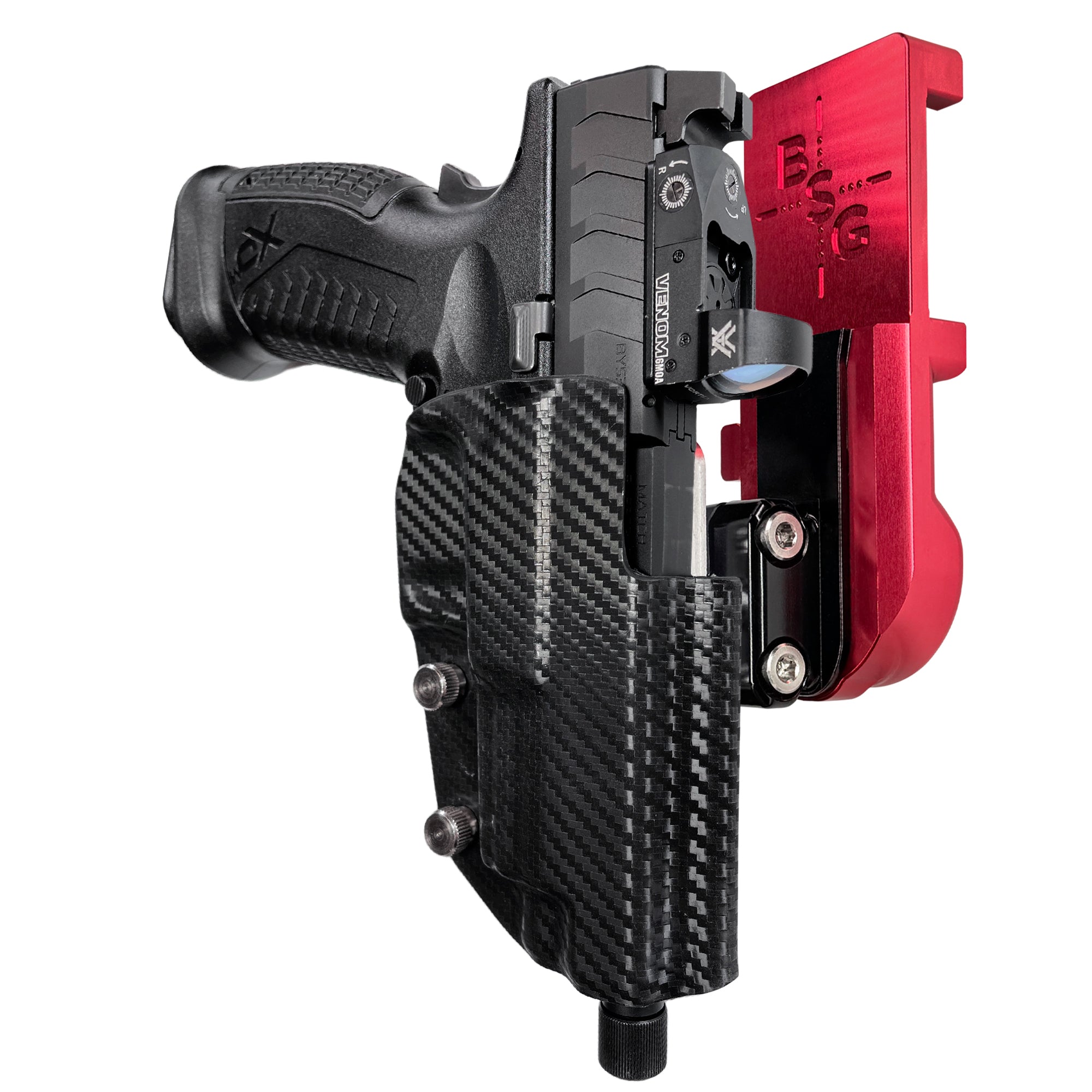 Springfield XD-M Elite 4.5'' IPSC/USPA Quick Mount Ball Joint Holster with Red Belt Attachment, Carbon Fiber Holster Shell