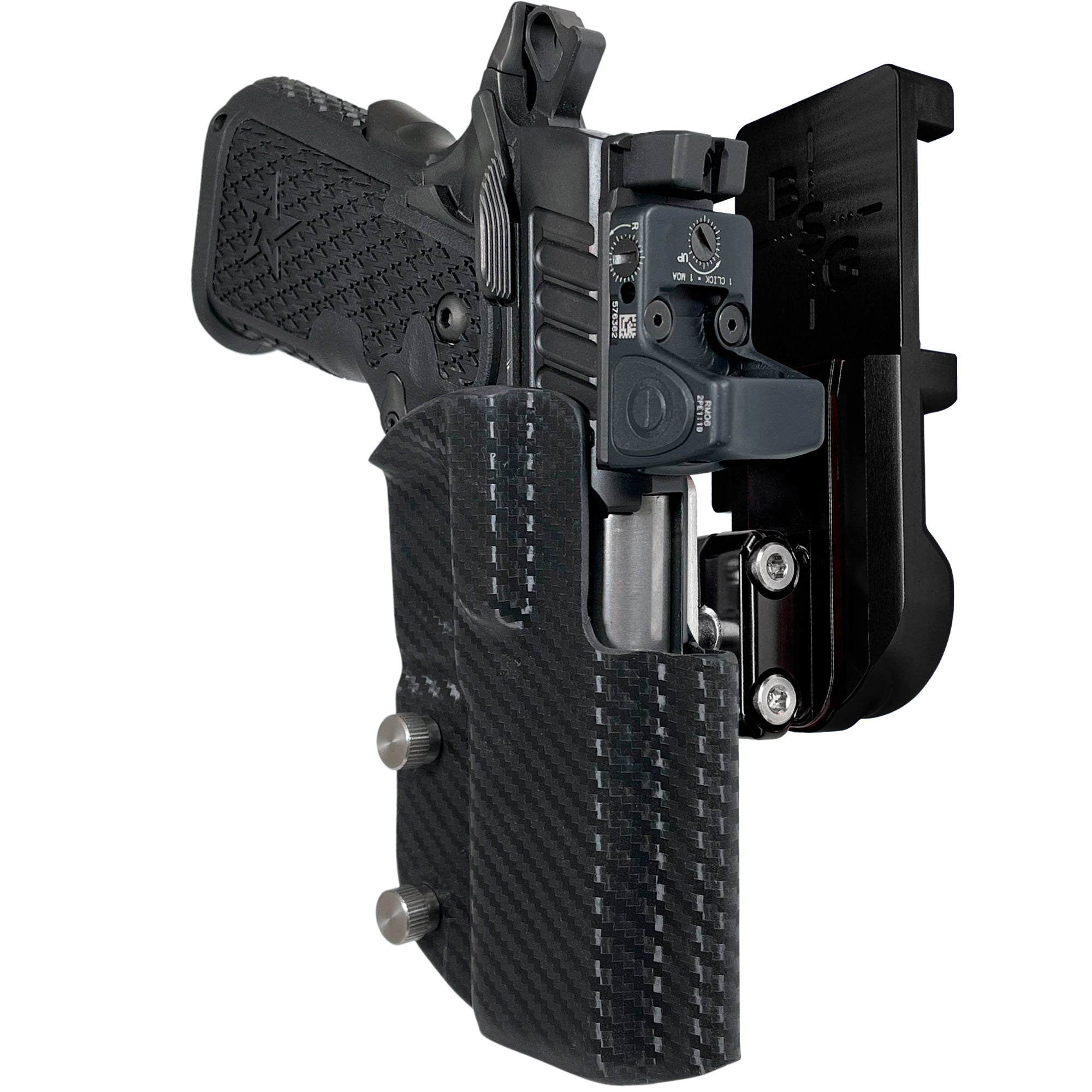 Staccato C2 IPSC/USPA Quick Mount Ball Joint Holster with Black Belt Attachment, Carbon Fiber Holster Shell