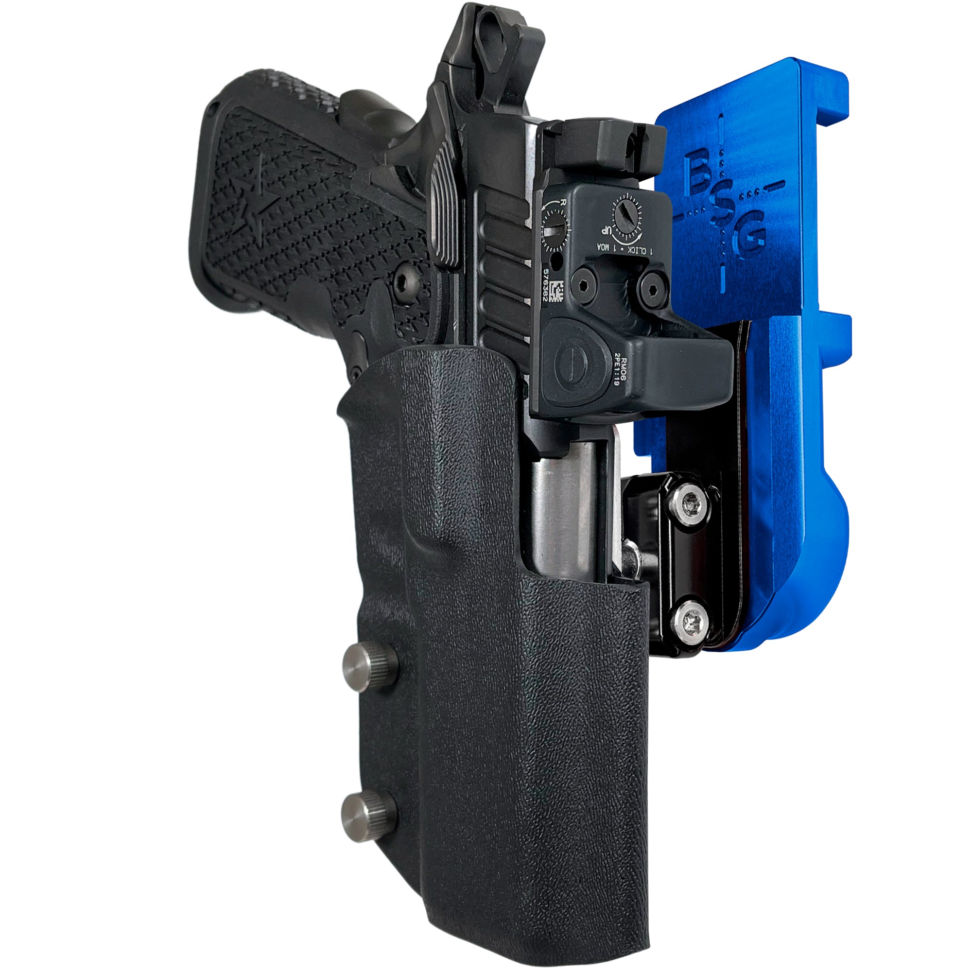 Staccato C2 IPSC/USPA Quick Mount Ball Joint Holster with Blue Belt Attachment, Black Holster Shell