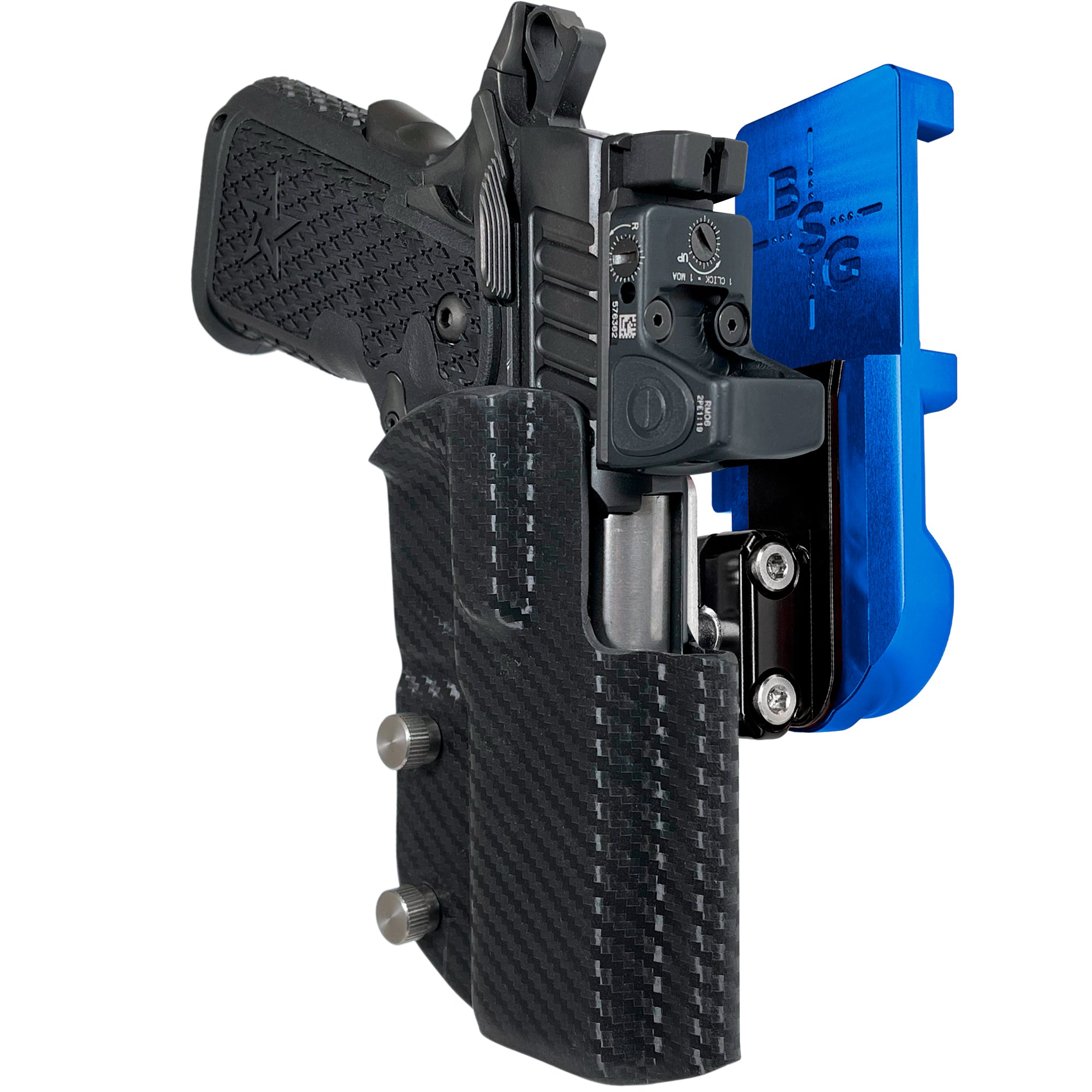 Staccato C2 IPSC/USPA Quick Mount Ball Joint Holster with Blue Belt Attachment, Carbon Fiber Holster Shell