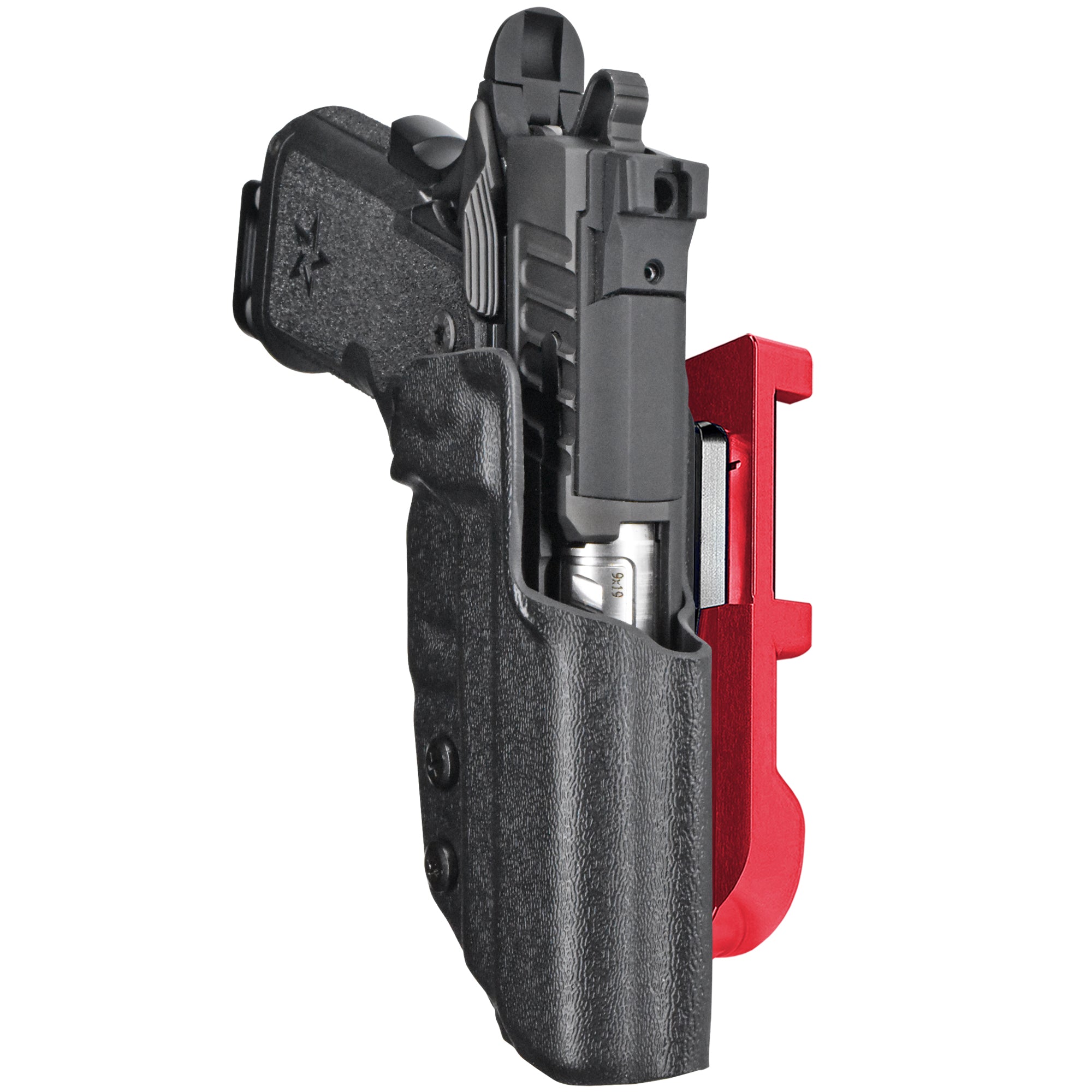 Staccato CS 2023 IDPA Quick Mount Holster with Red Belt Attachment, Black Holster Shell