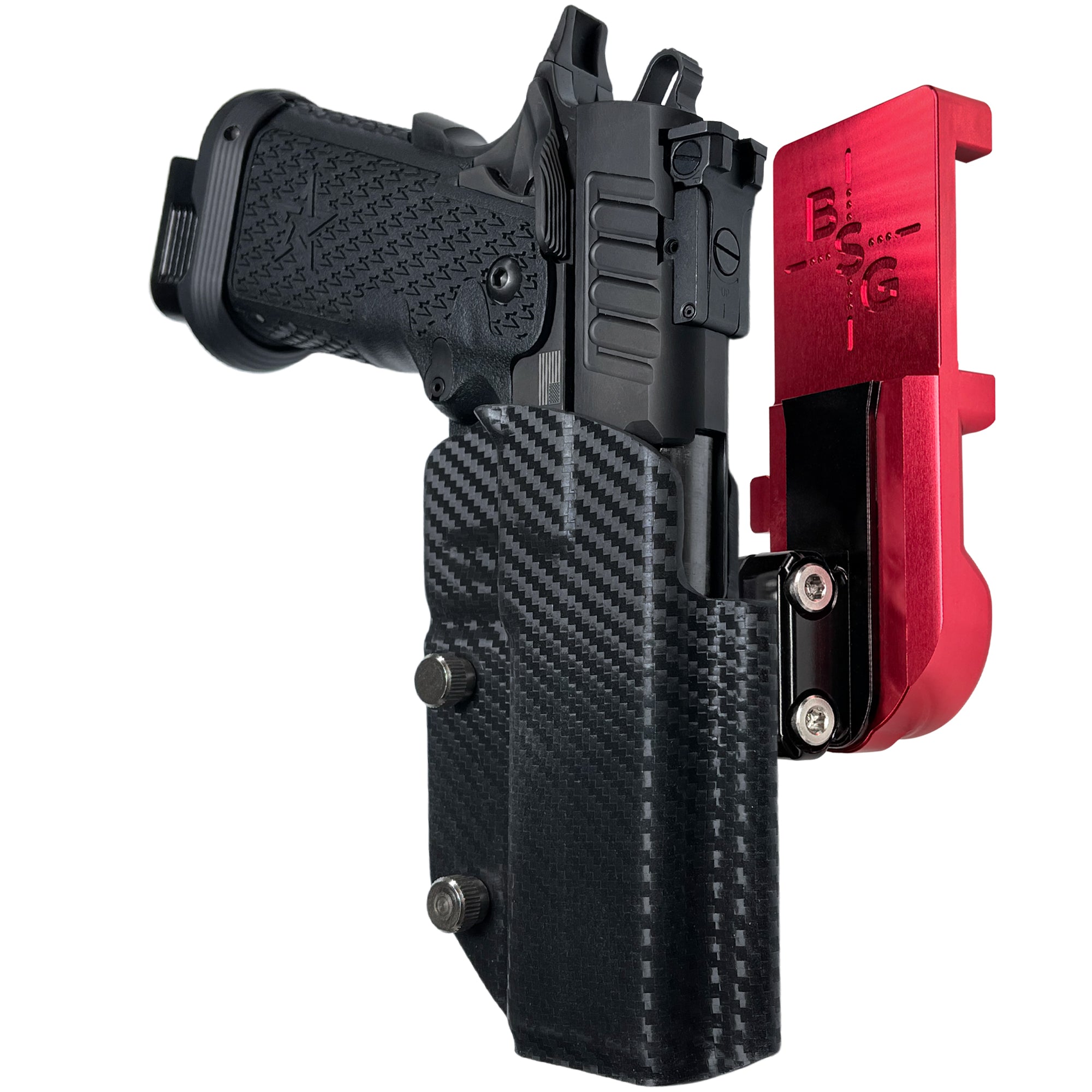 Staccato P IPSC/USPA Quick Mount Ball Joint Holster with Red Belt Attachment, Carbon Fiber Holster Shell
