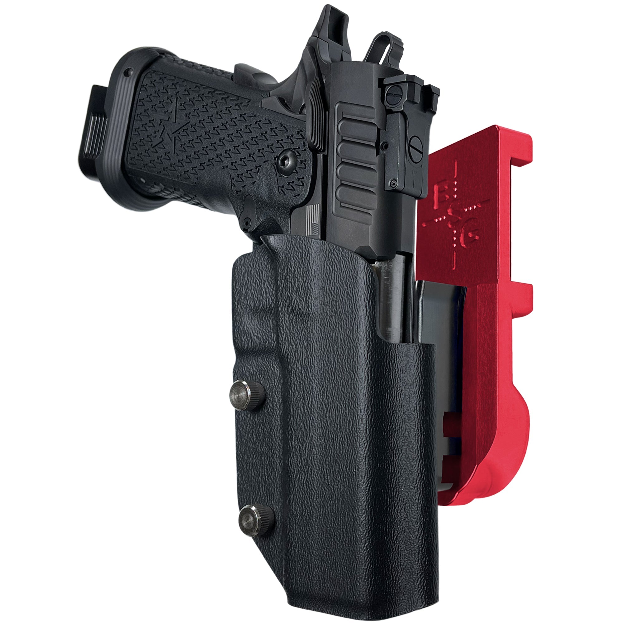 Staccato P IPSC/USPA Quick Mount Holster with Red Belt Attachment, Black Holster Shell