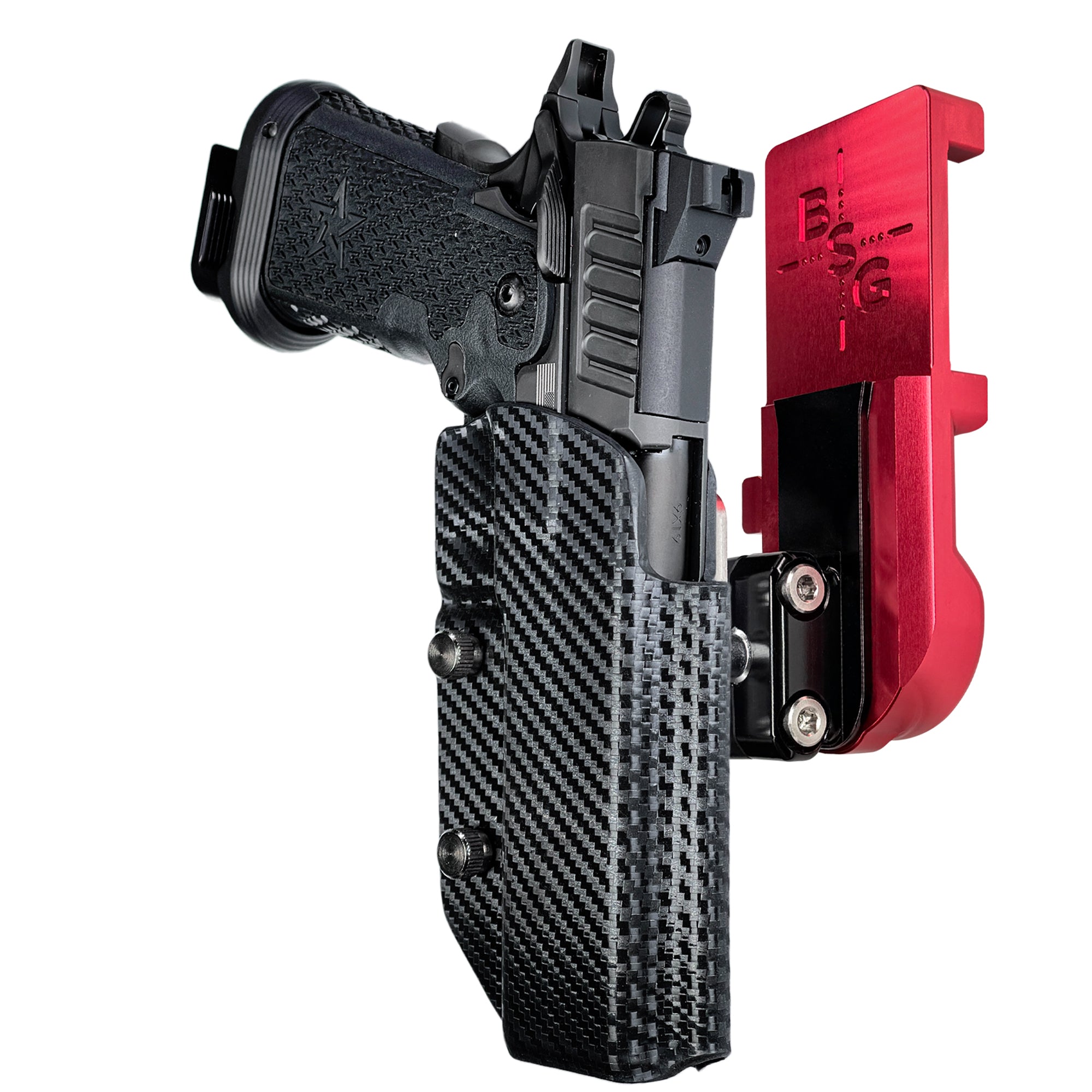 Staccato XC IPSC/USPA Quick Mount Ball Joint Holster with Red Belt Attachment, Carbon Fiber Holster Shell