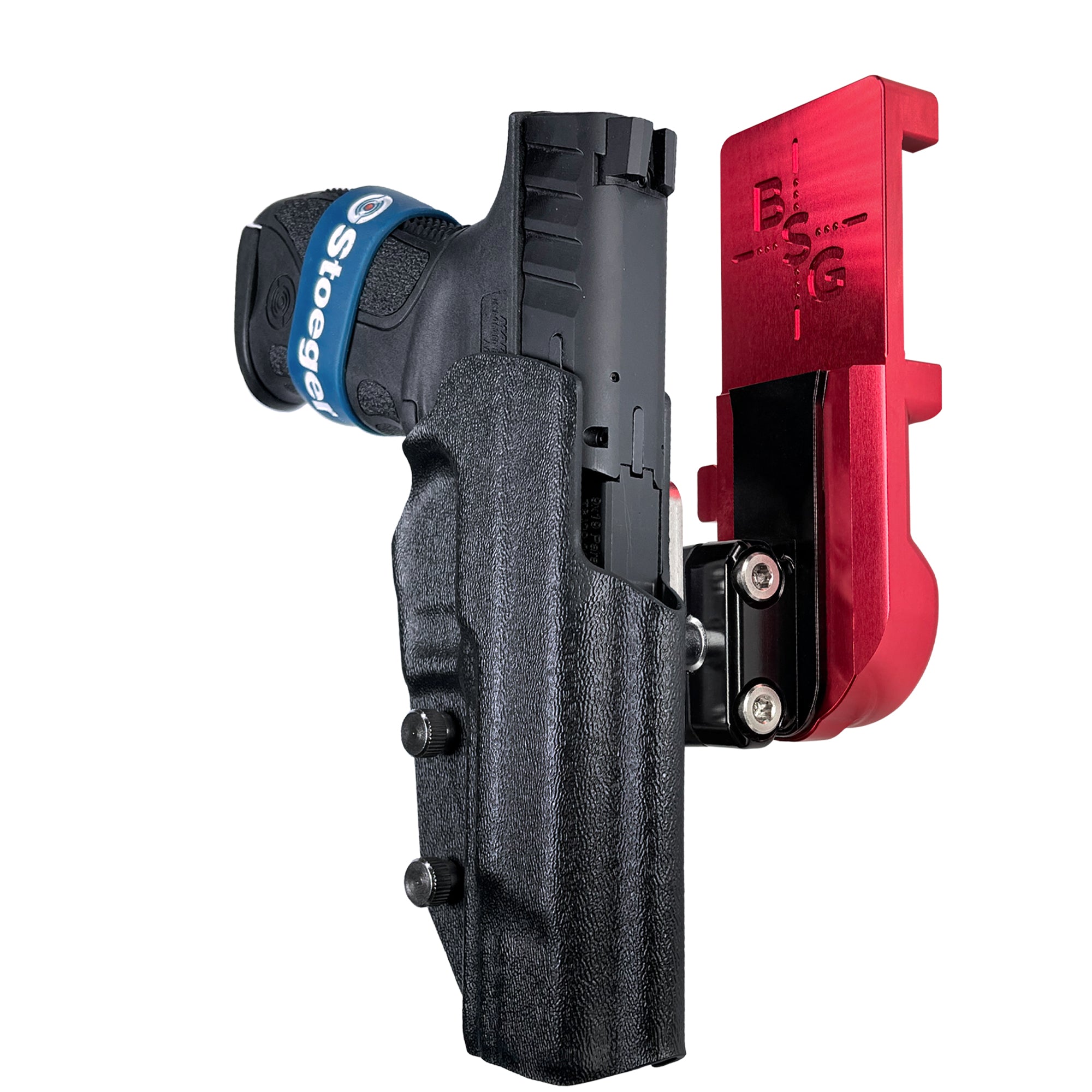 Stoeger STR-9 F IPSC/USPA Quick Mount Ball Joint Holster with Red Belt Attachment, Black Holster Shell