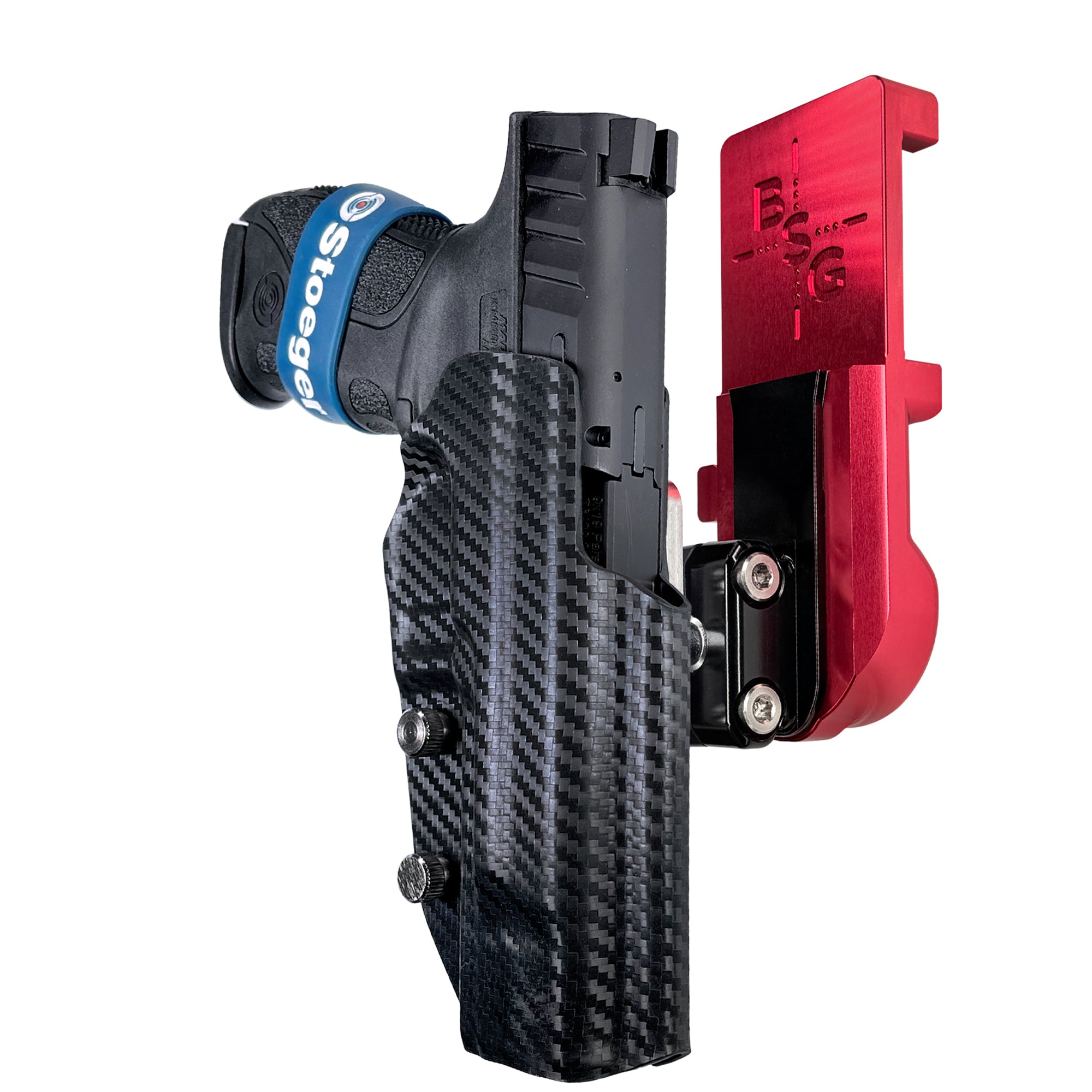 Stoeger STR-9 F IPSC/USPA Quick Mount Ball Joint Holster with Red Belt Attachment, Carbon Fiber Holster Shell