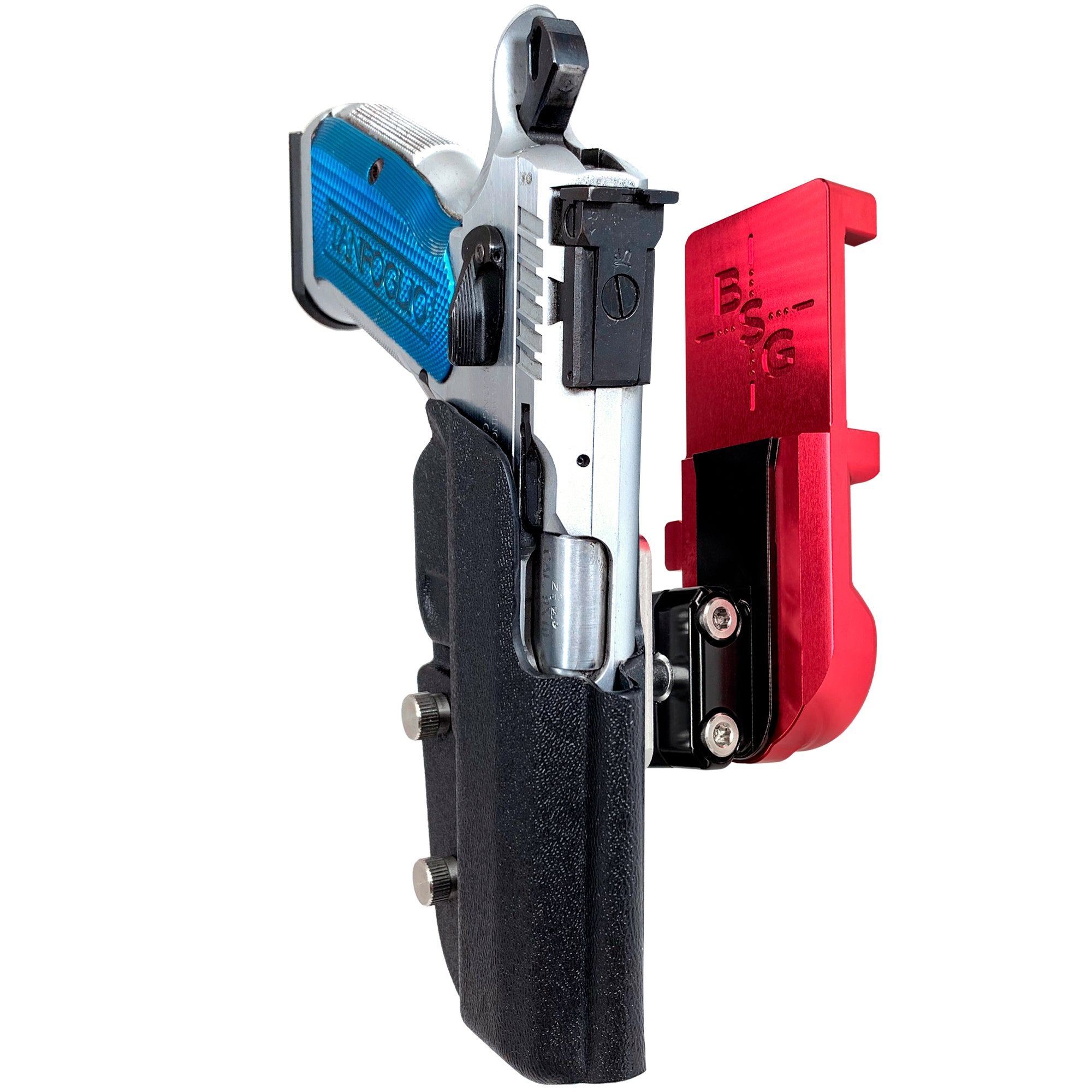 Tanfoglio Stock 2 IPSC/USPA Quick Mount Ball Joint Holster with Red Belt Attachment, Black Holster Shell