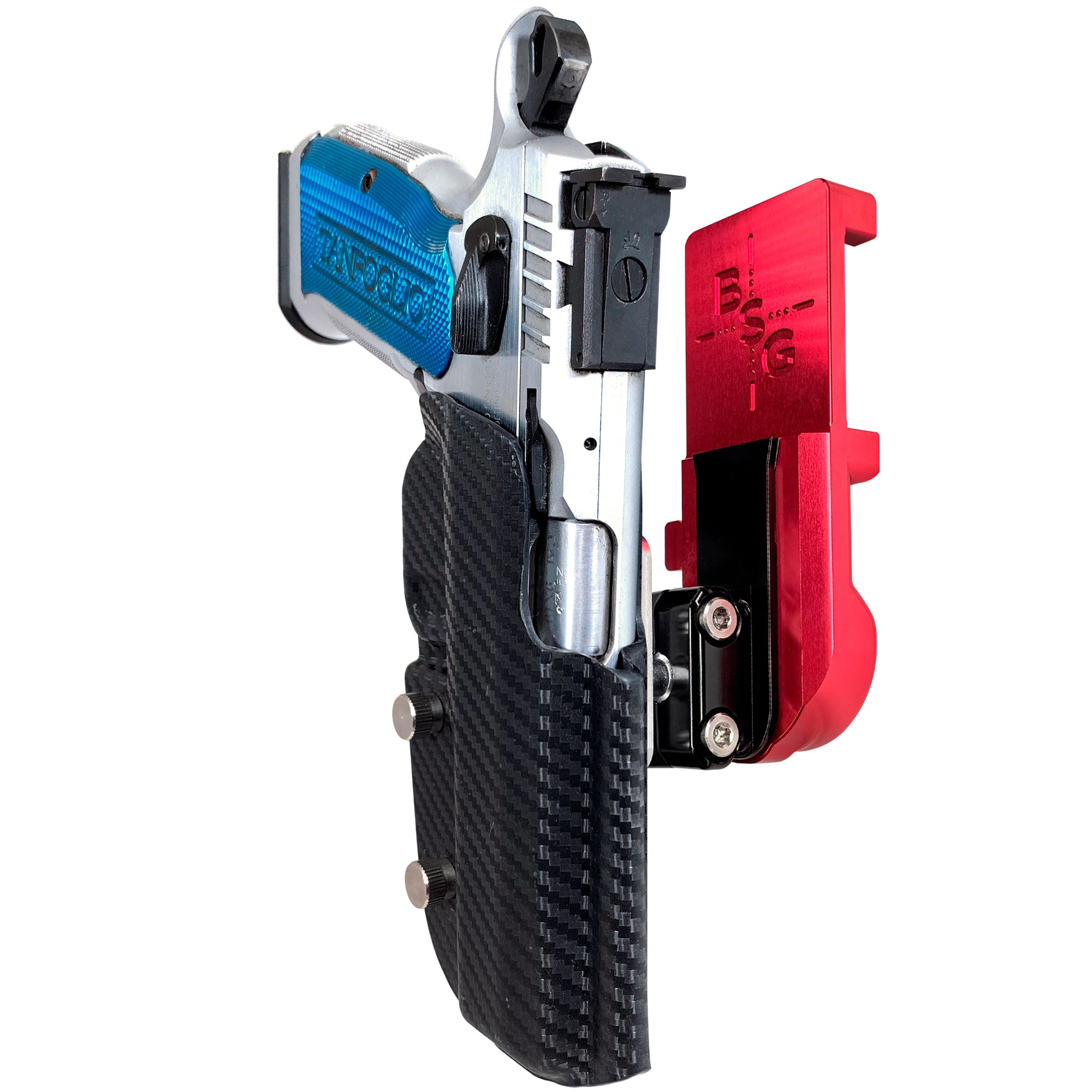 Tanfoglio Stock 2 IPSC/USPA Quick Mount Ball Joint Holster with Red Belt Attachment, Carbon Fiber Holster Shell