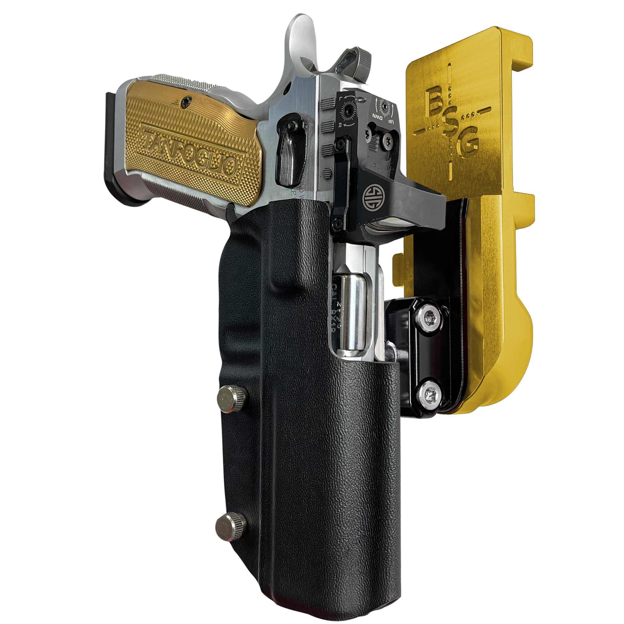 Tanfoglio Stock 3 IPSC/USPA Quick Mount Ball Joint Holster with 24K Gold Belt Attachment, Black Holster Shell