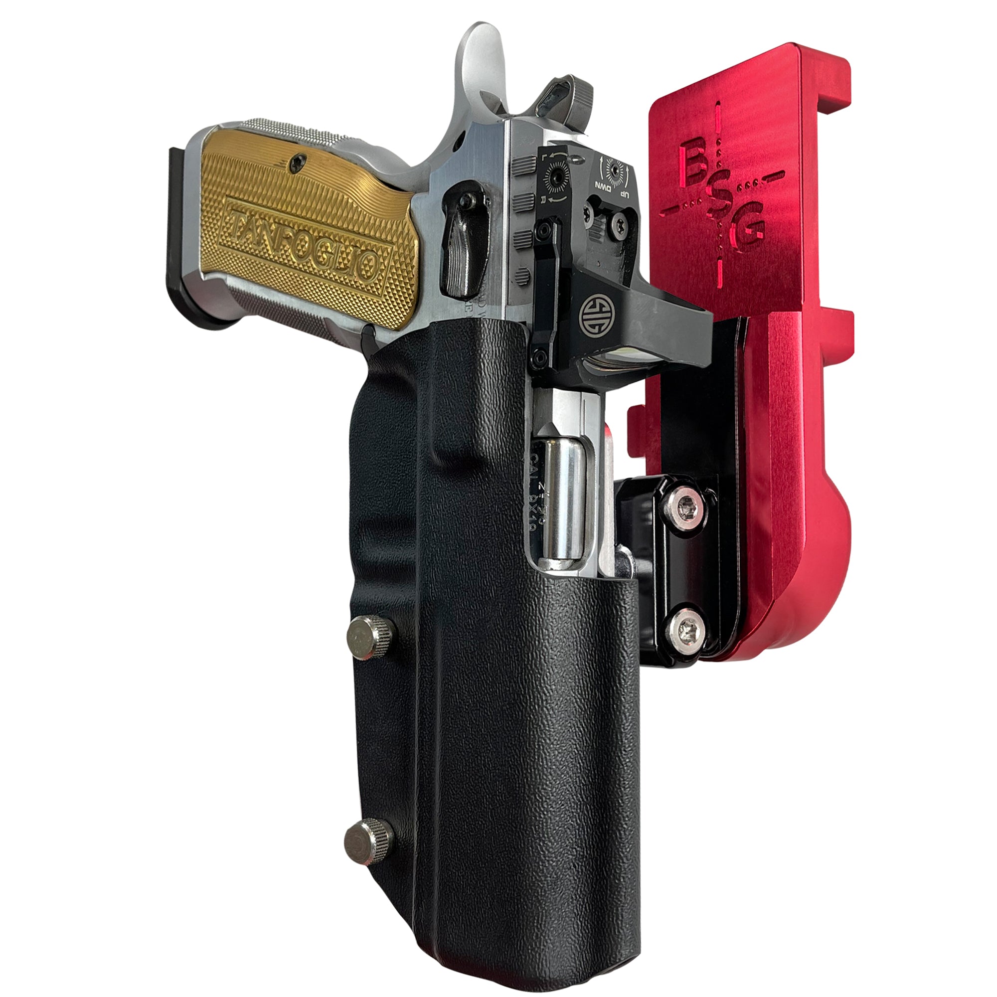 Tanfoglio Stock 3 IPSC/USPA Quick Mount Ball Joint Holster with Red Belt Attachment, Black Holster Shell