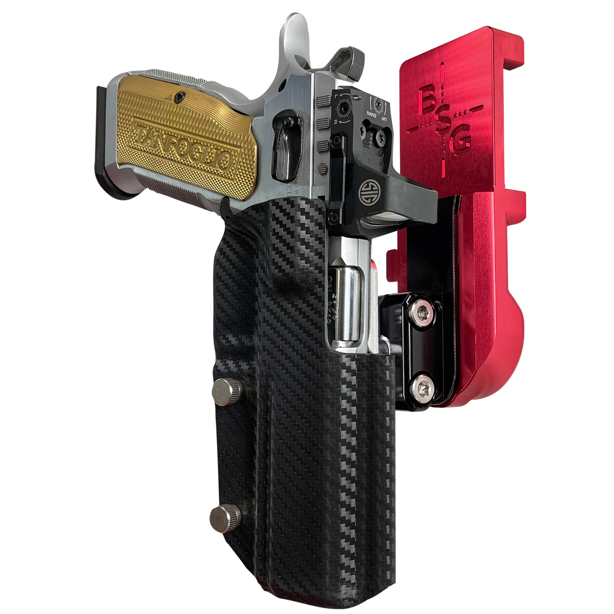 Tanfoglio Stock 3 IPSC/USPA Quick Mount Ball Joint Holster with Red Belt Attachment, Carbon Fiber Holster Shell