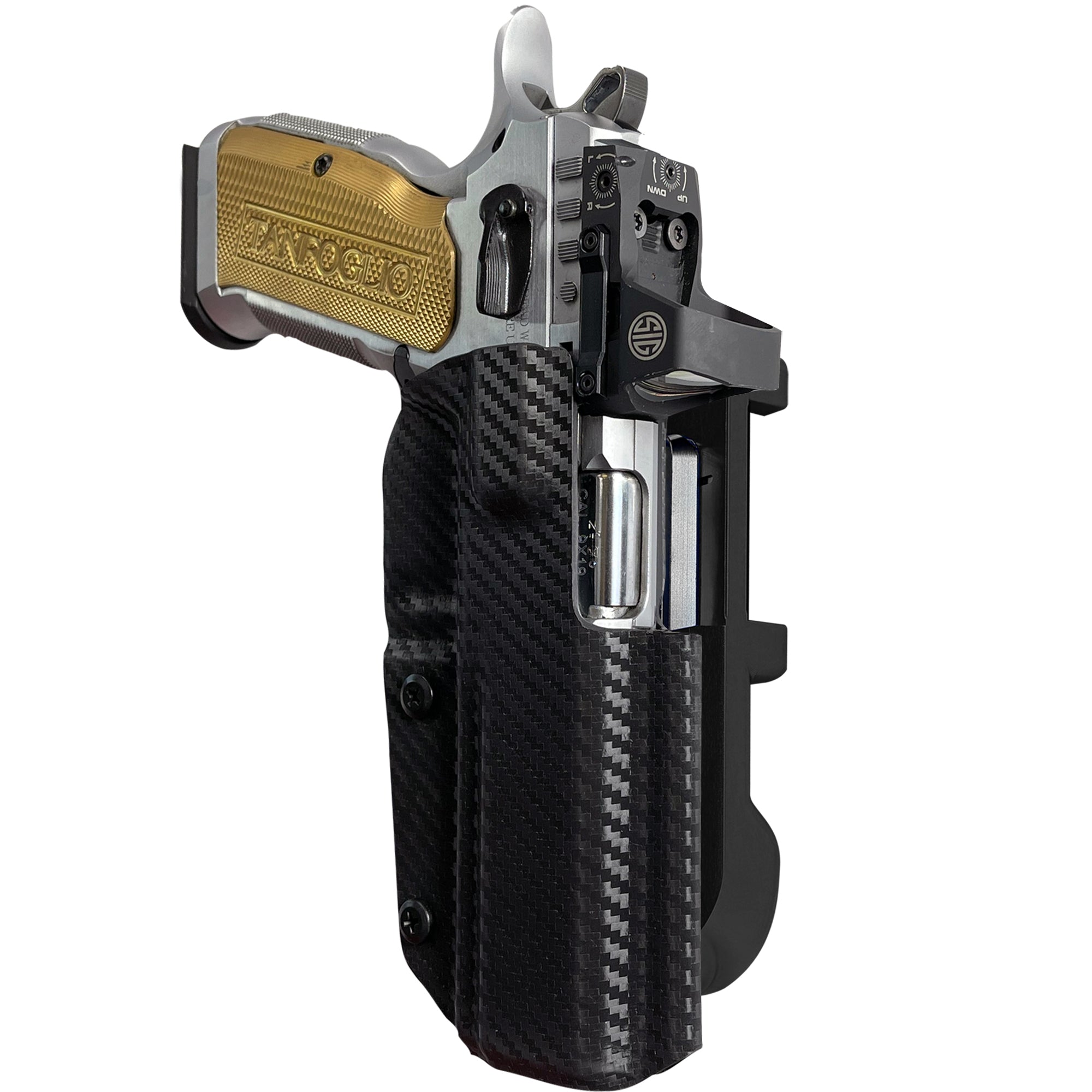 Tanfoglio Stock 3 IDPA Quick Mount Holster with Black Belt Attachment, Carbon Fiber Holster Shell
