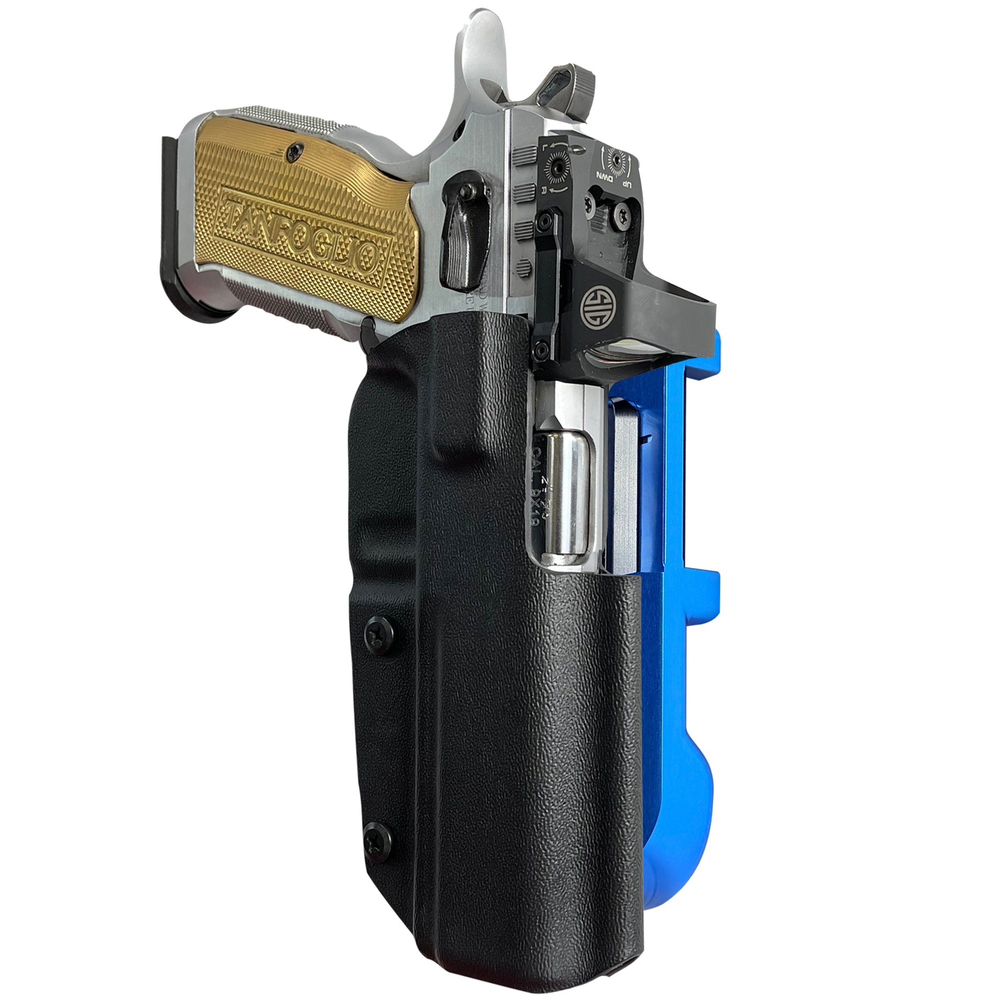 Tanfoglio Stock 3 IDPA Quick Mount Holster with Blue Belt Attachment, Black Holster Shell