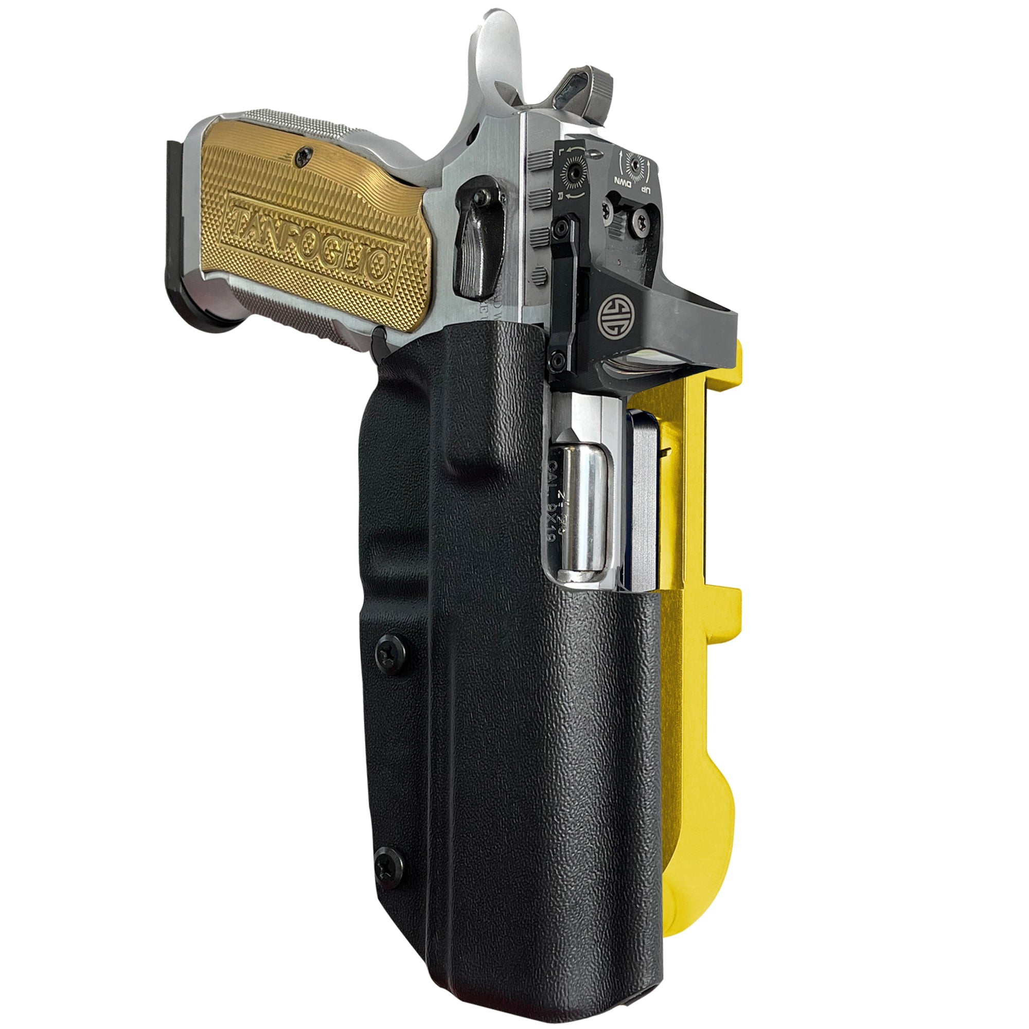 Tanfoglio Stock 3 IDPA Quick Mount Holster with 24K Gold Belt Attachment, Black Holster Shell
