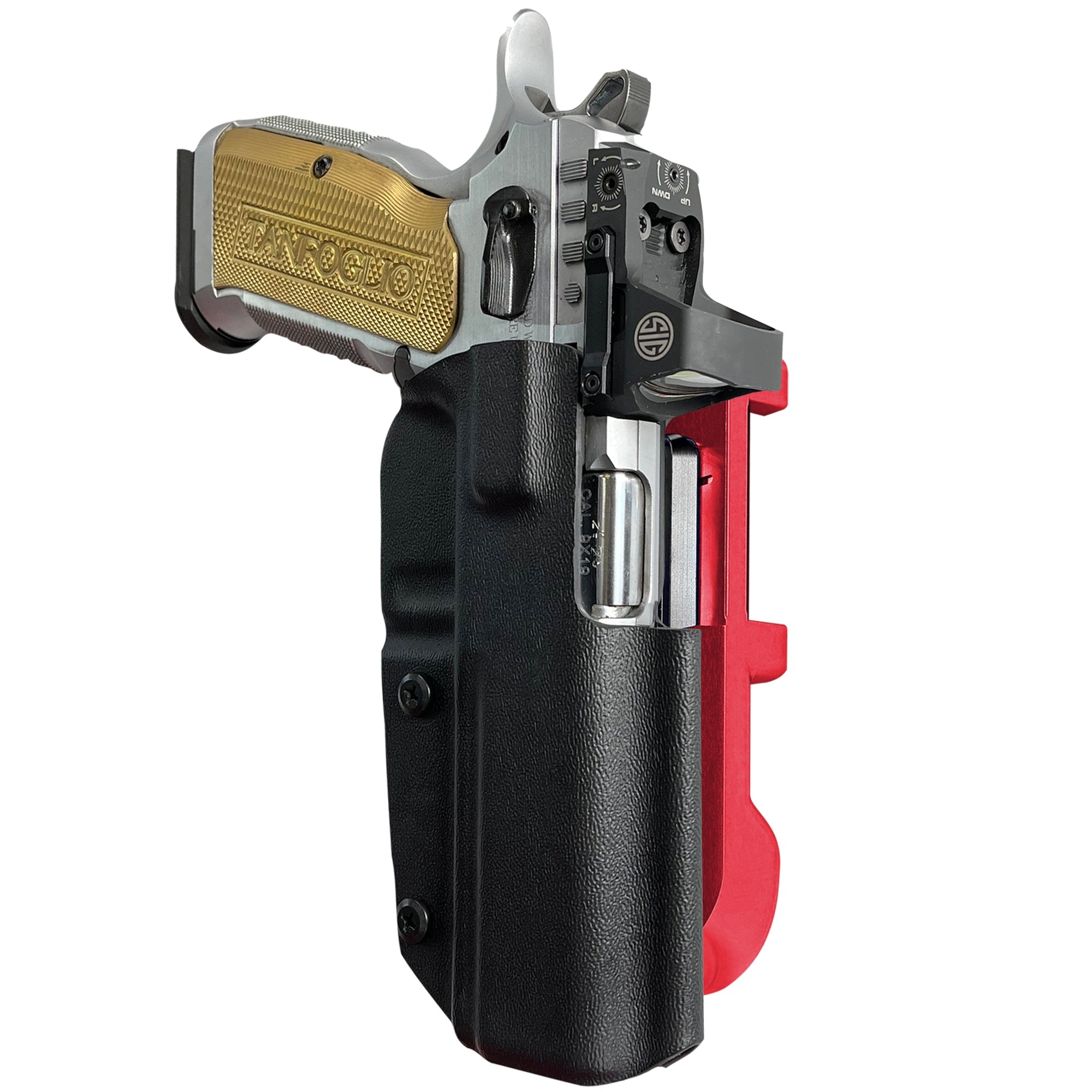 Tanfoglio Stock 3 IDPA Quick Mount Holster with Red Belt Attachment, Black Holster Shell