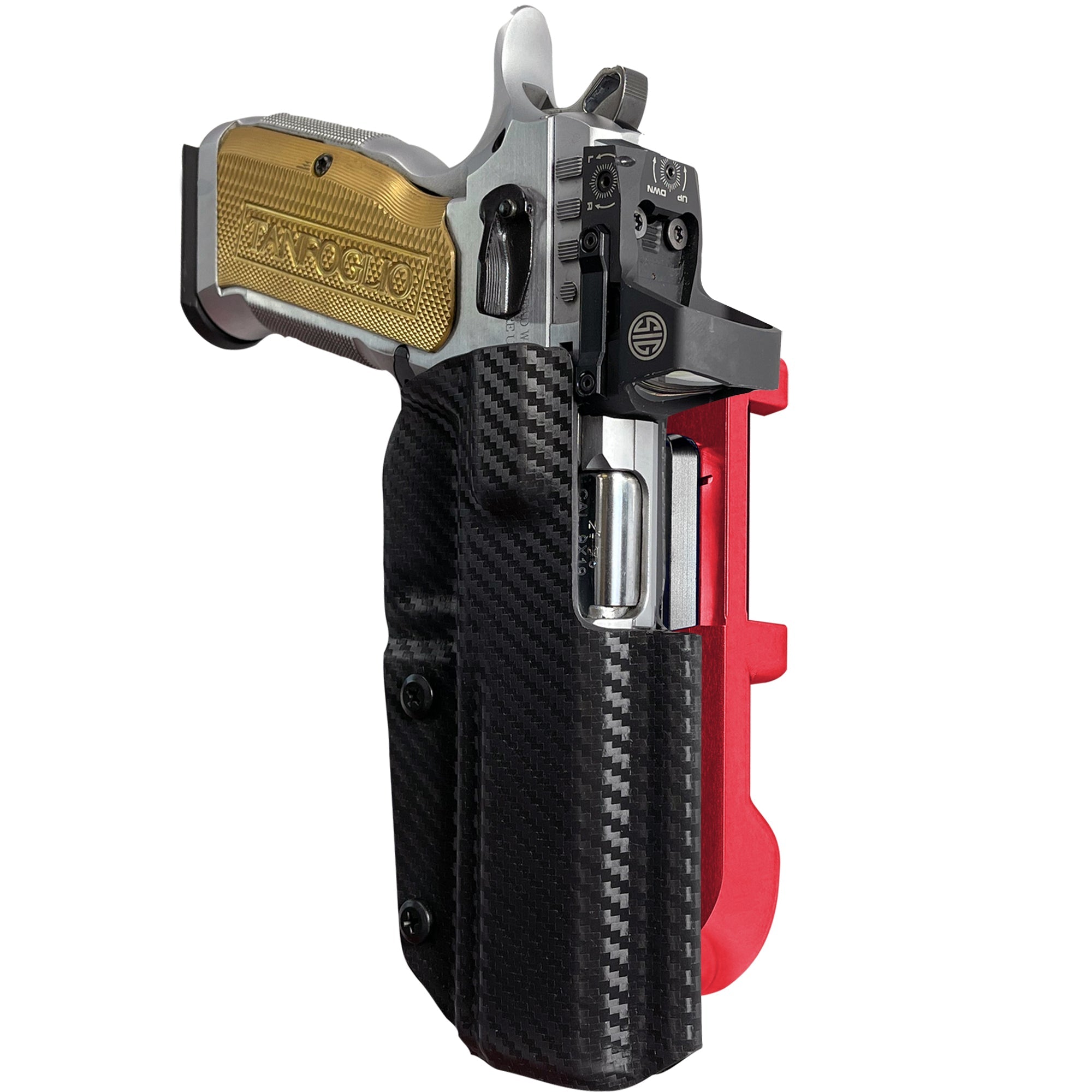 Tanfoglio Stock 3 IDPA Quick Mount Holster with Red Belt Attachment, Carbon Fiber Holster Shell