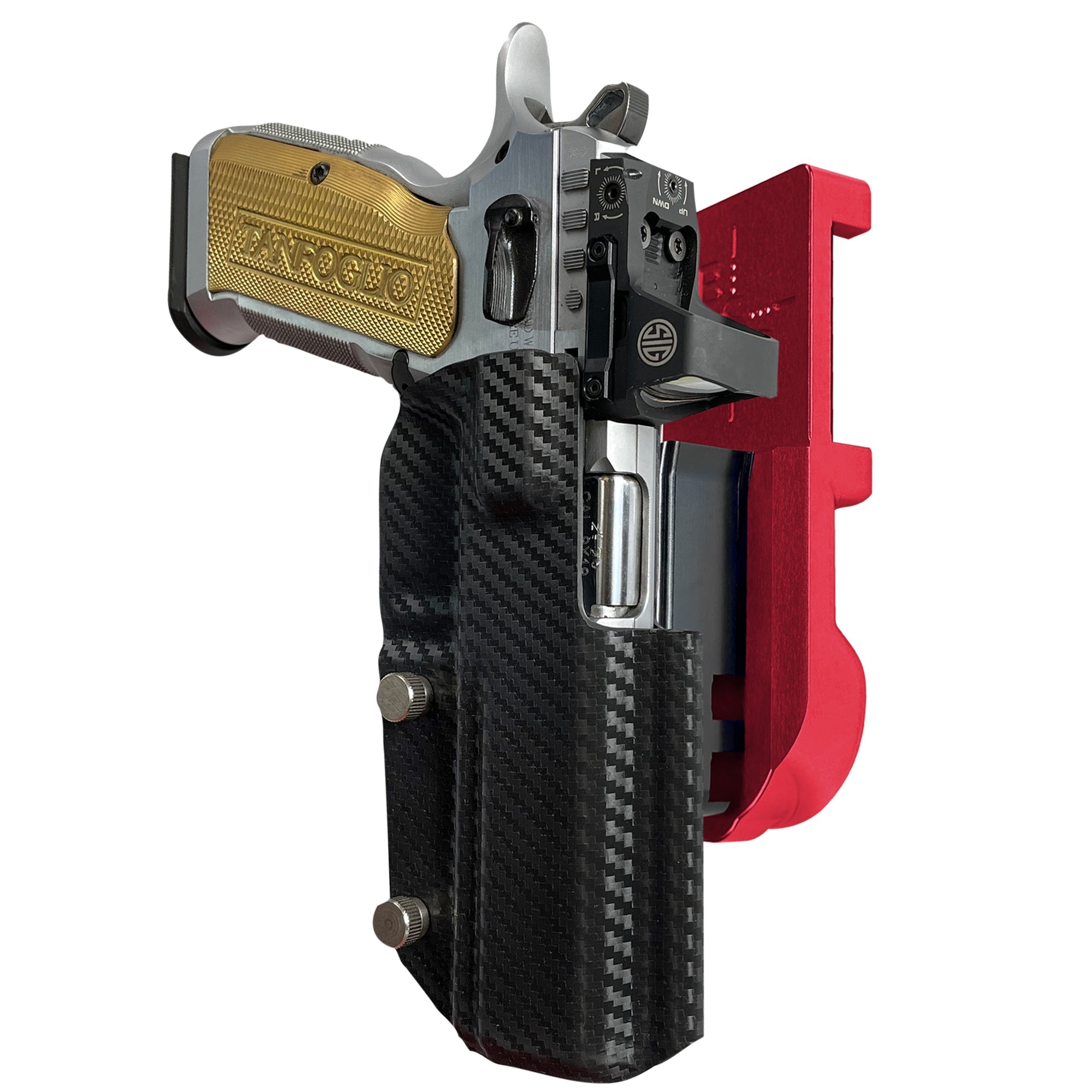 Tanfoglio Stock 3 IPSC/USPA Quick Mount Holster with Red Belt Attachment, Carbon Fiber Holster Shell