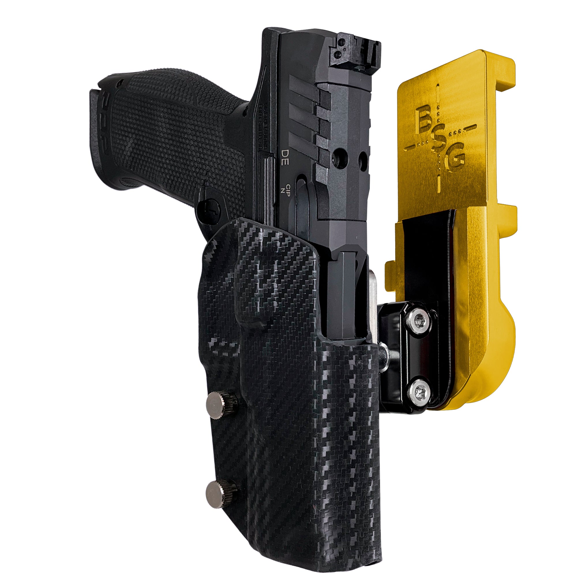 Walther PDP 5'' IPSC/USPA Quick Mount Ball Joint Holster with 24K Gold Belt Attachment, Carbon Fiber Holster Shell
