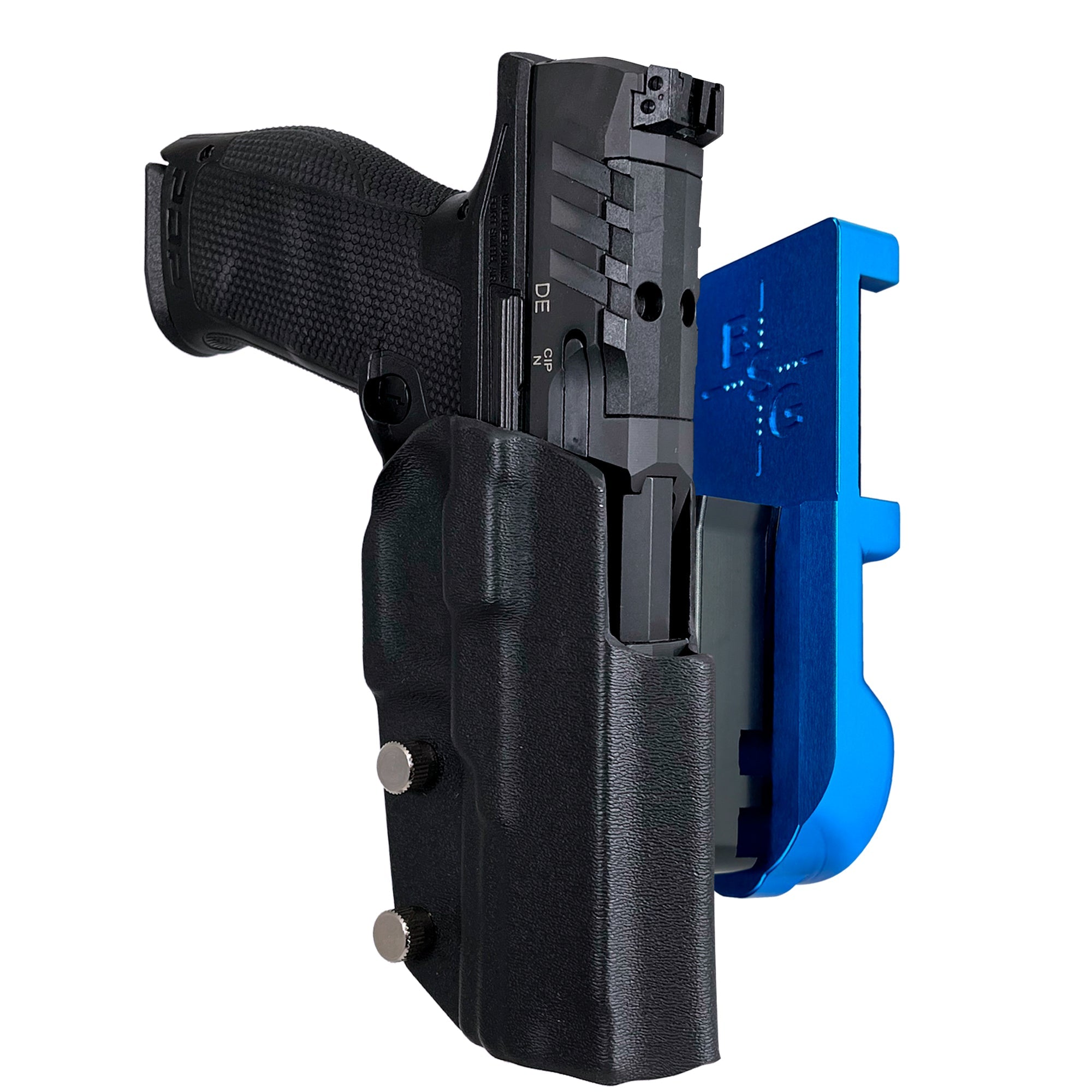 Walther PDP 4.5''' Polymer Frame IPSC/USPA Quick Mount Holster with Blue Belt Attachment, Black Holster Shell