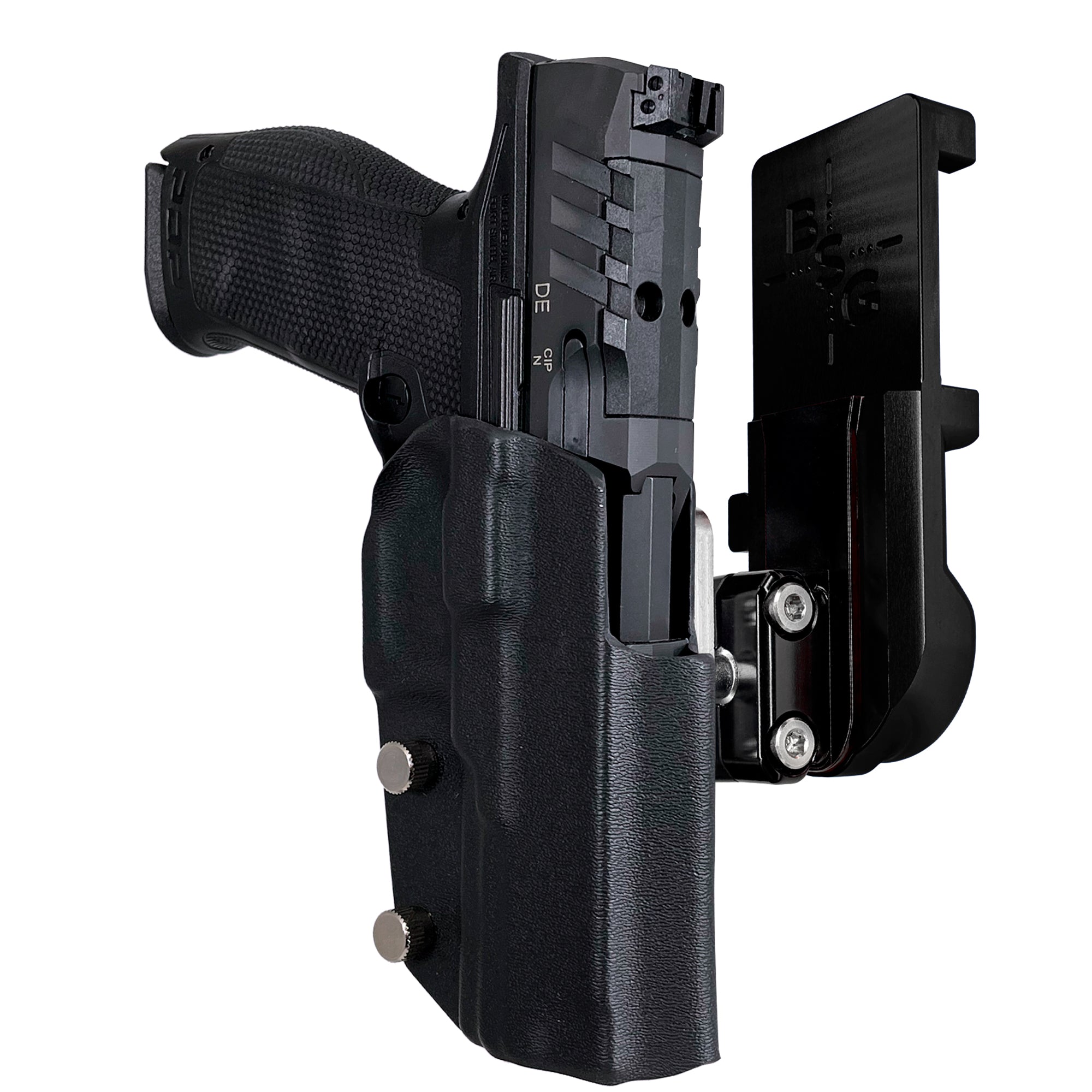 Walther PDP 4.5''' Polymer Frame IPSC/USPA Quick Mount Ball Joint Holster with Black Belt Attachment, Black Holster Shell