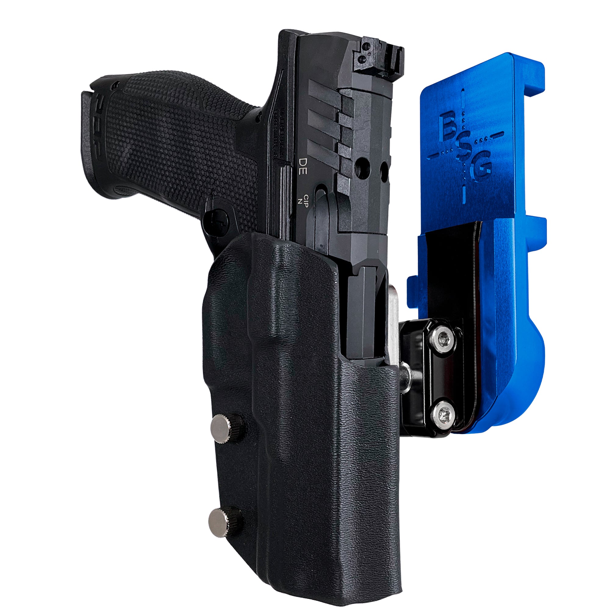 Walther PDP 4.5''' Polymer Frame IPSC/USPA Quick Mount Ball Joint Holster with Blue Belt Attachment, Black Holster Shell