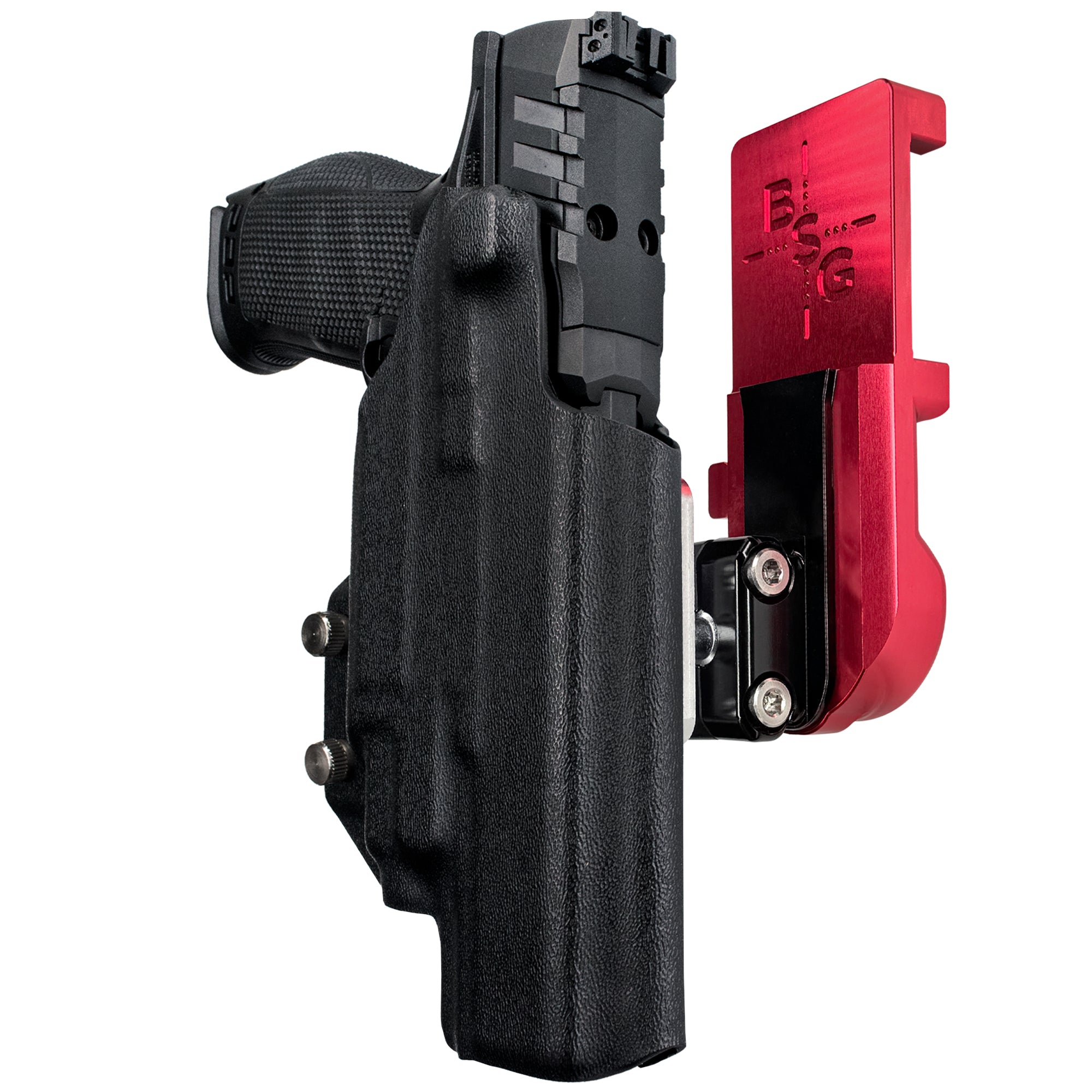 Walther PDP 5'' TLR-7/8 IPSC/USPA Quick Mount Ball Joint Holster with Red Belt Attachment, Black Holster Shell
