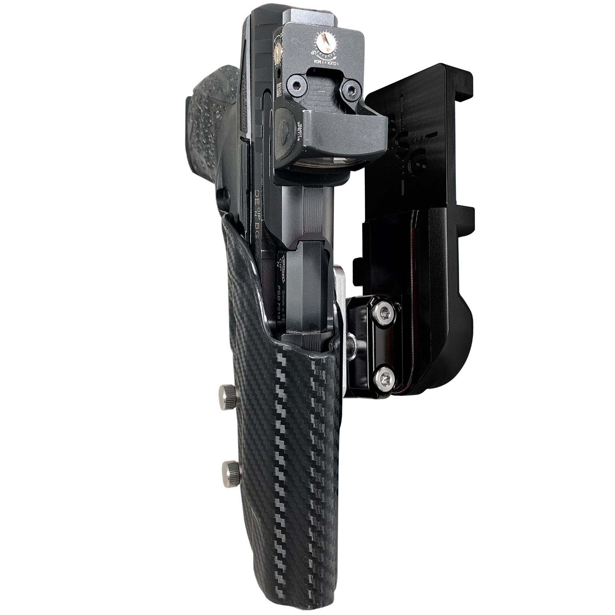 Walther Q5 Match Polymer IPSC/USPA Quick Mount Ball Joint Holster with Black Belt Attachment, Carbon Fiber Holster Shell