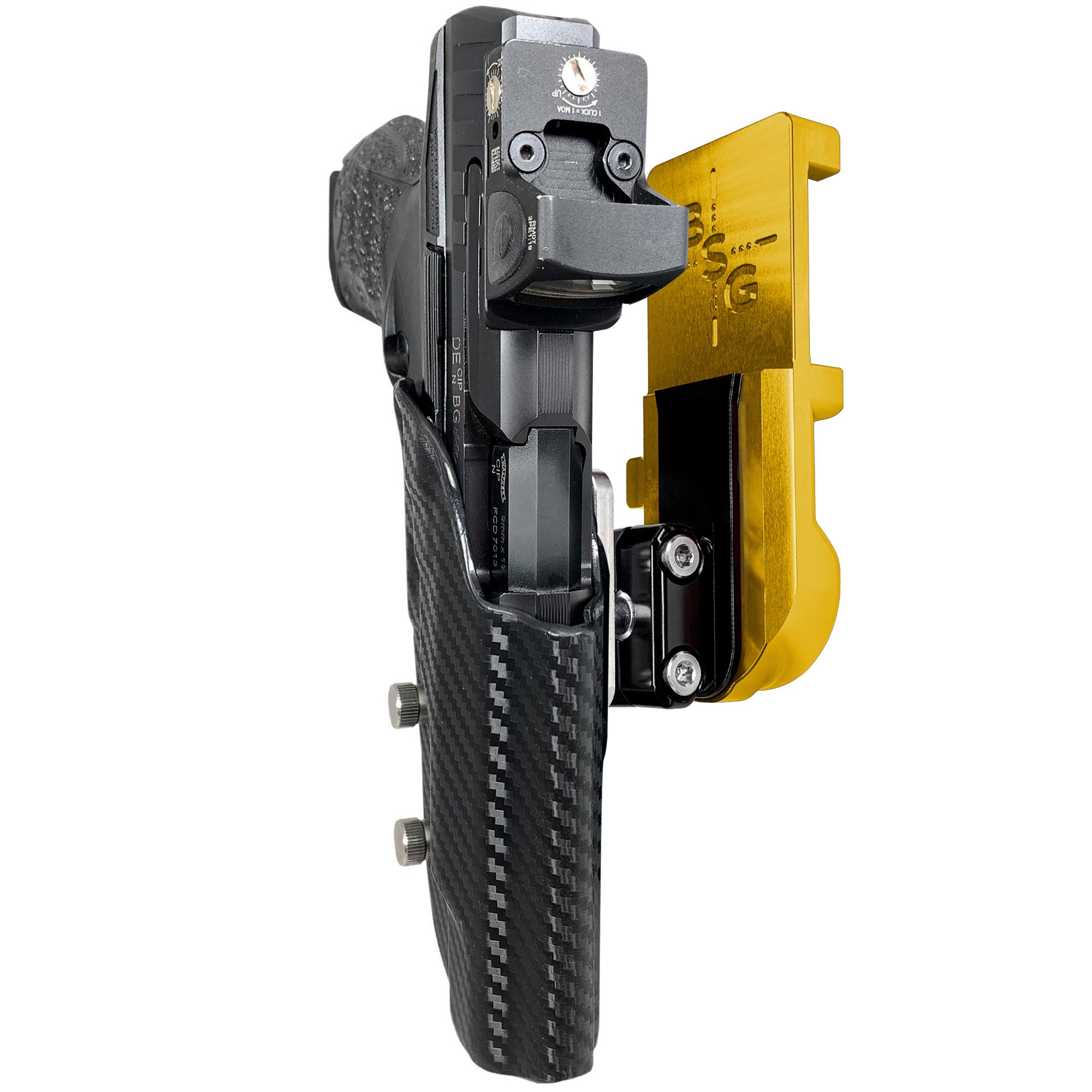 Walther Q5 Match Polymer IPSC/USPA Quick Mount Ball Joint Holster with 24K Gold Belt Attachment, Carbon Fiber Holster Shell