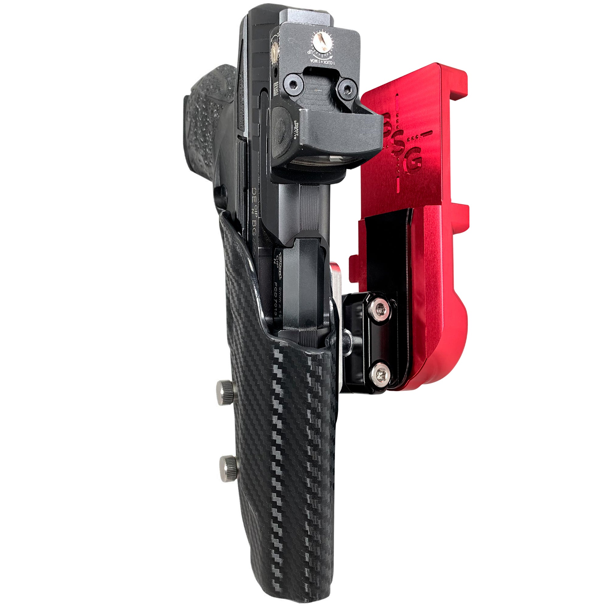Walther Q5 Match Polymer IPSC/USPA Quick Mount Ball Joint Holster with Red Belt Attachment, Carbon Fiber Holster Shell